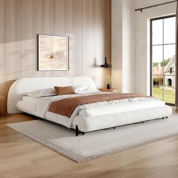 King Size Bed Frame with Curve-Shaped & Thick Headboard, Boucle Fabric Marshmallow Upholstered Platform Cloud Bed, King Soft Frame Cream Bedframe, Wood Slats Support, White Beds
