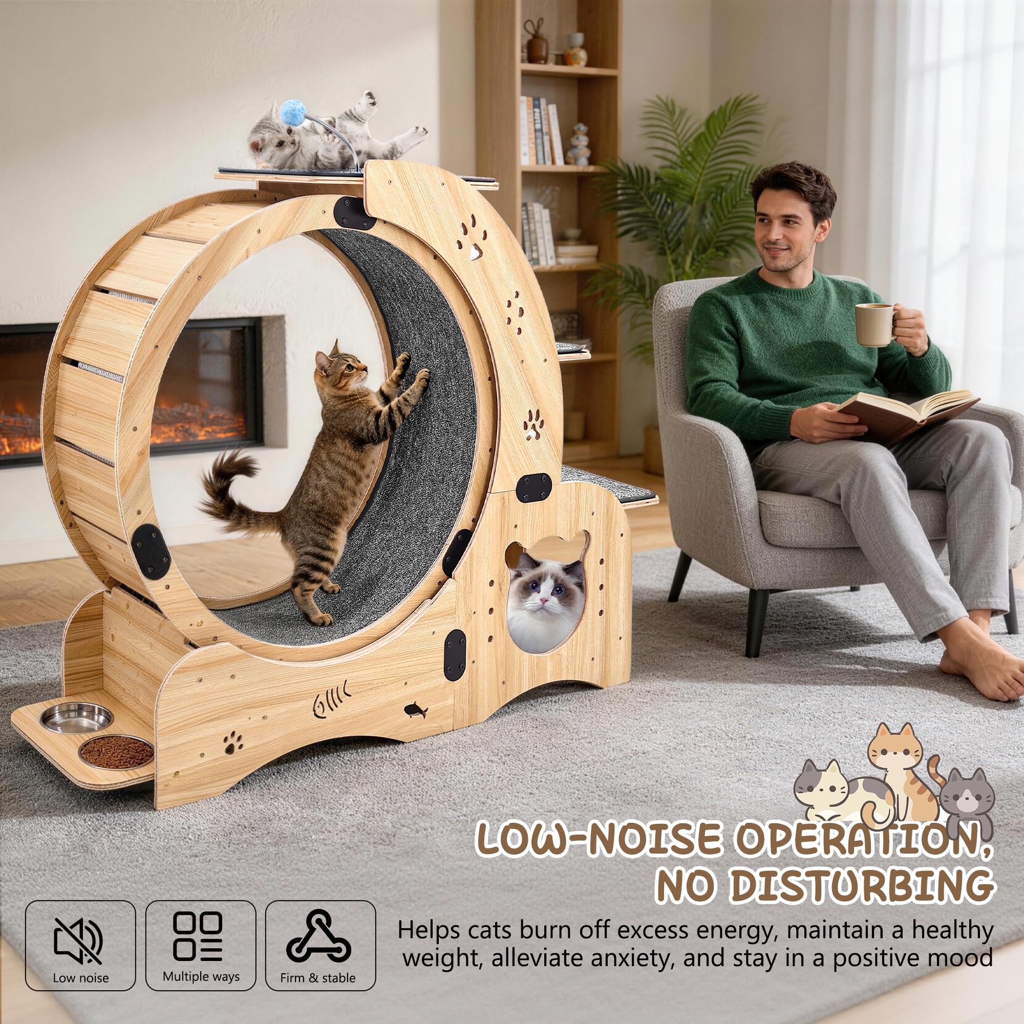 6-in-1 Upgrade Katzen-Übungsrad, Großes Leises Laufgerät mit Multifunktionsdesign, Interaktives Möbelspielzeug für Innenkatzen