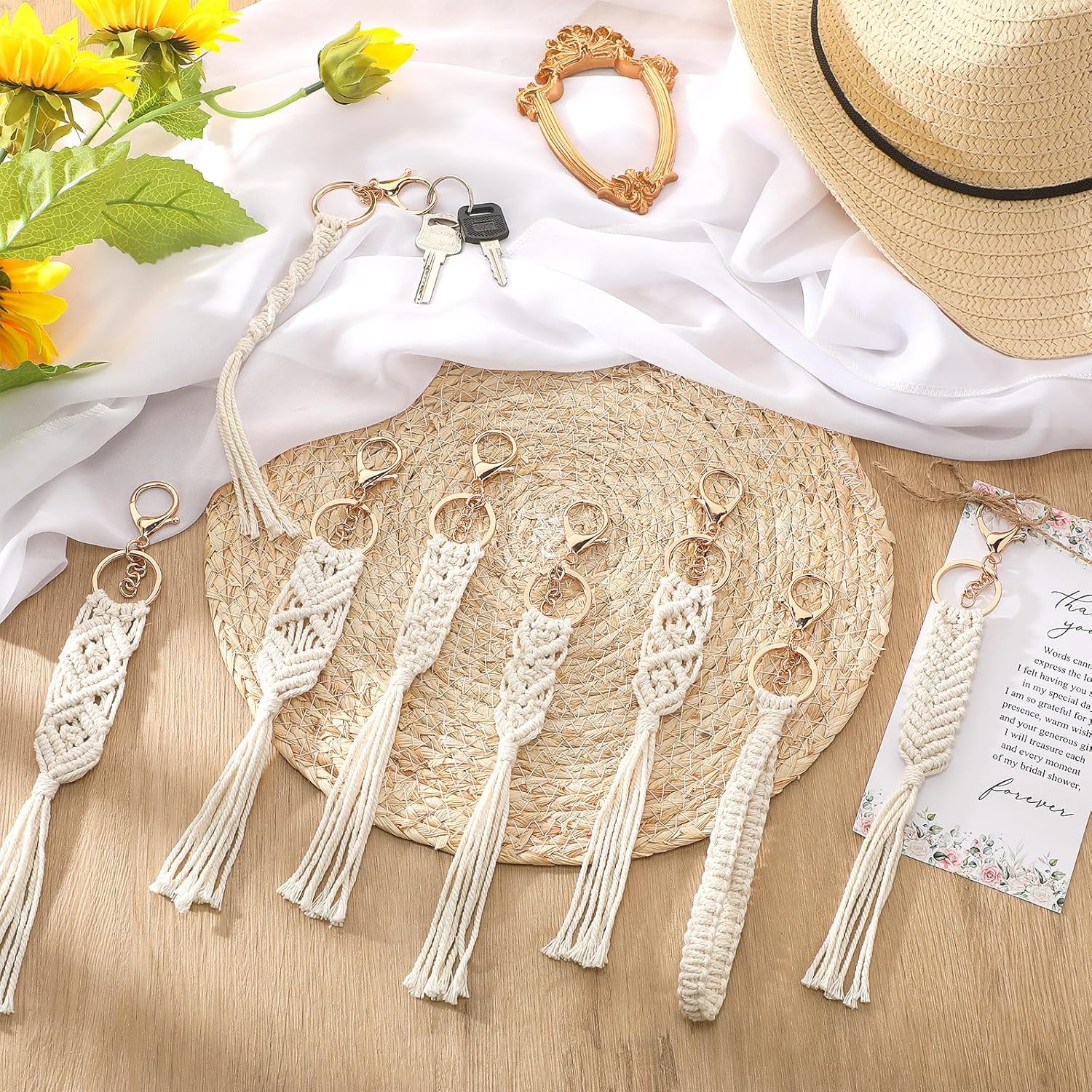 24 Sets Bridal Shower Favors for Guests 24 Macrame Keychains Boho Keychain 24 Thank You Cards with Hemp Rope Goodie Bags Tassels Charm for Wedding Favors - Image 4