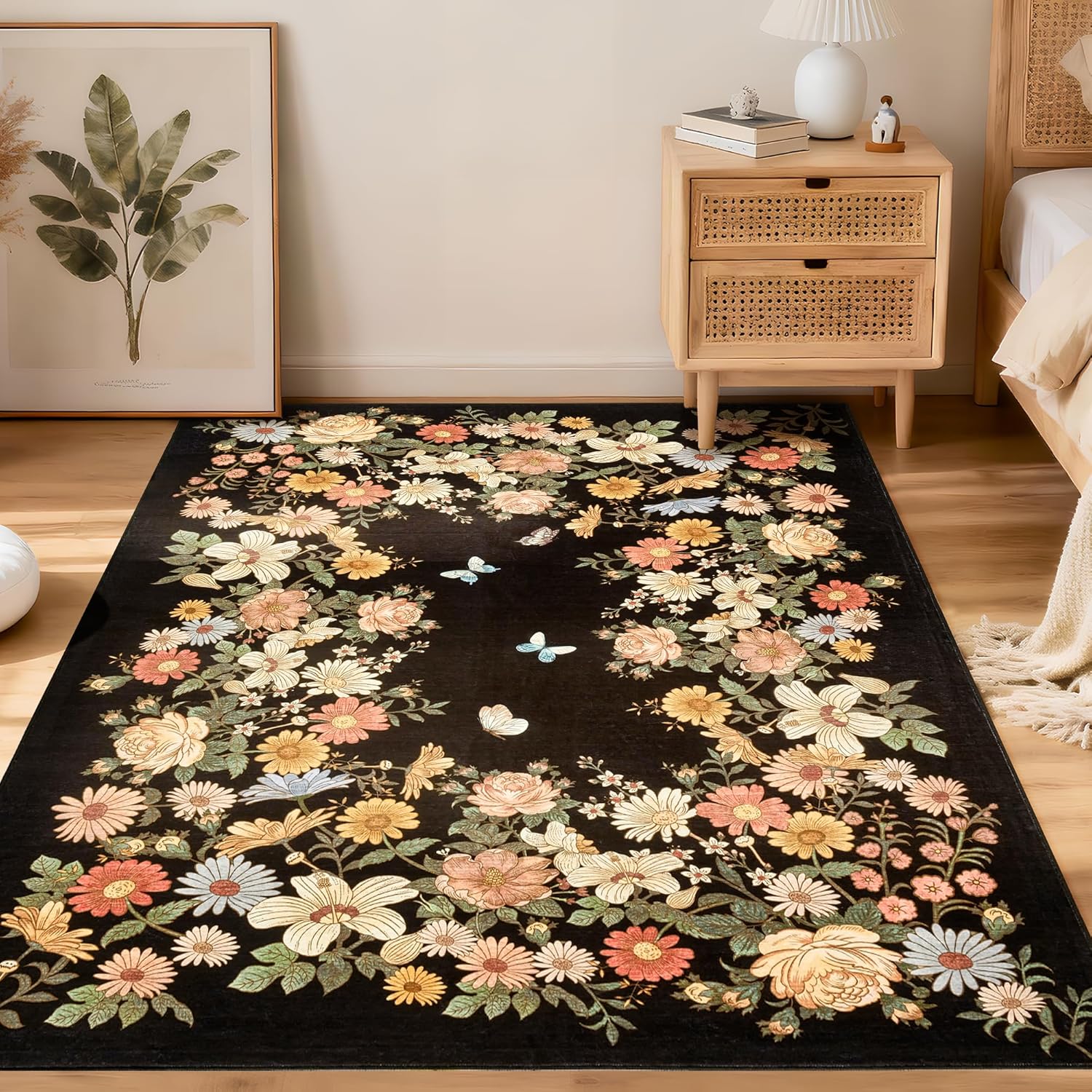 Garvee Rugs for Living Room 5x7, Washable Floral Area Rug Non Slip Soft, Low Pile Ultra-Thin Carpet for Bedroom, Kitchen, Dorm Room, Beige