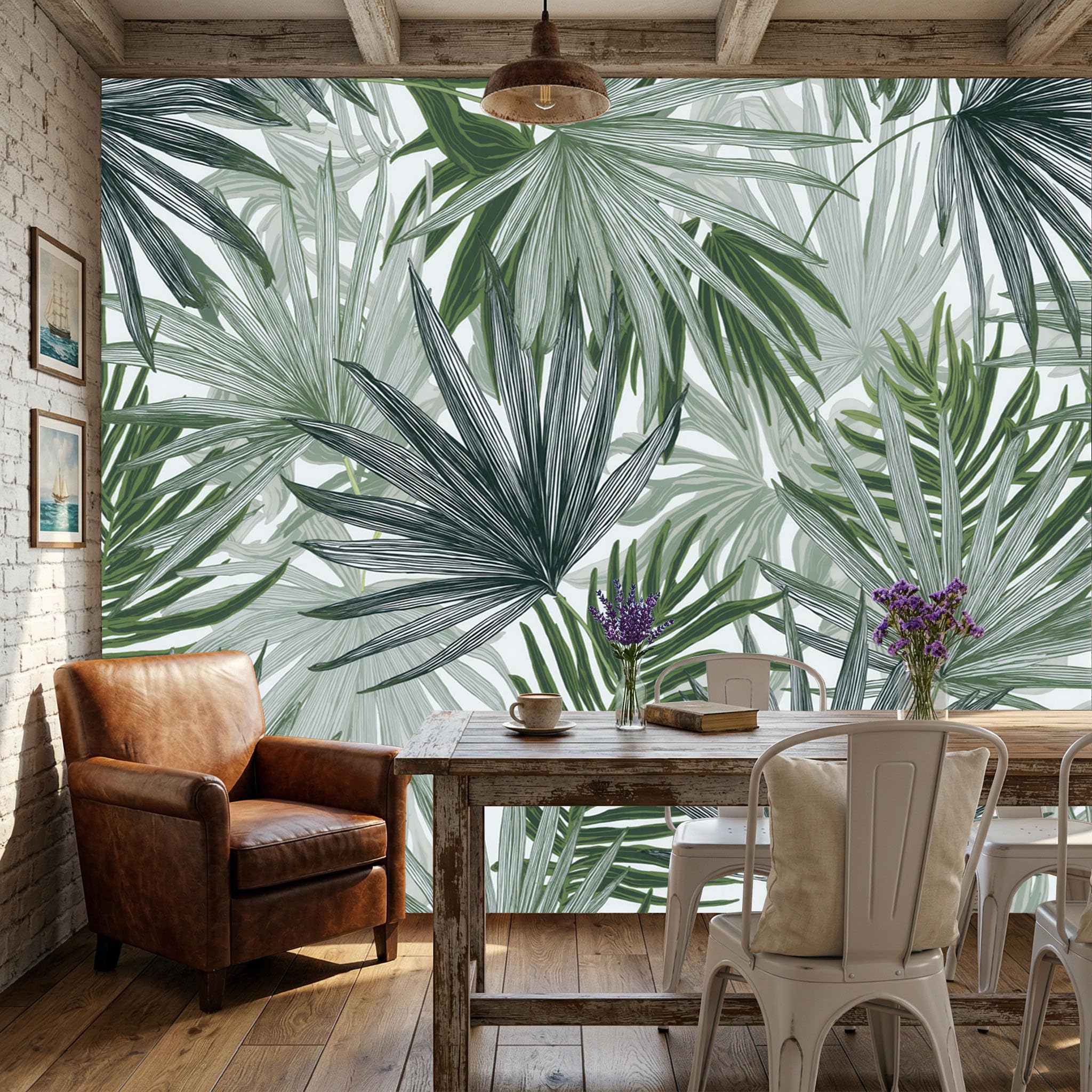 Papier peint panoramique jungle vintage vert et palmier 350x256cm pour salon