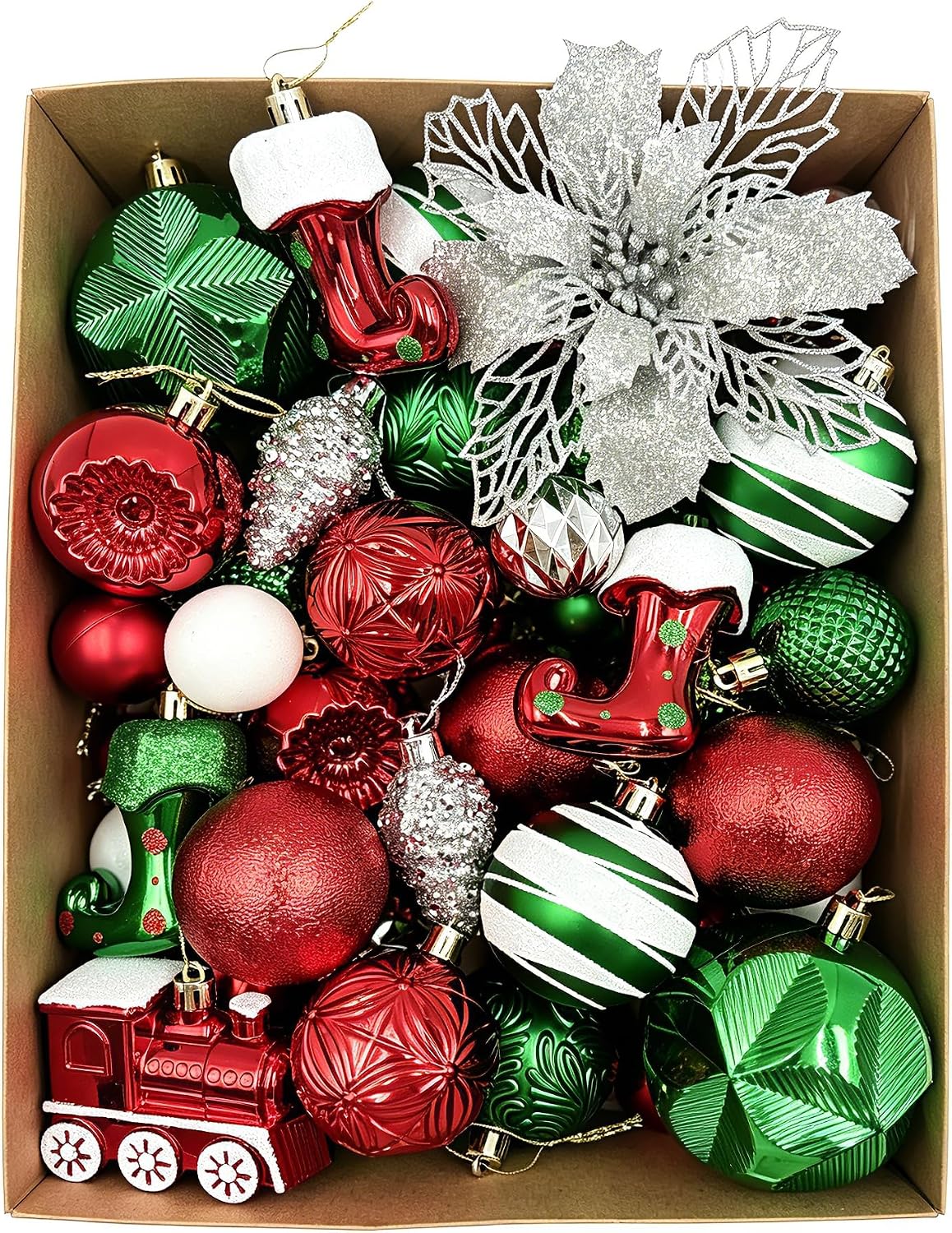 HipTree Shatterproof 70ct Red Green White Christmas Baubles for Tree Decor | Pre-Strung Hanging Ornaments Assorted with Poinsettia Stocking Train,Gift Box for Holiday Xmas Party Home Indoor Decorations