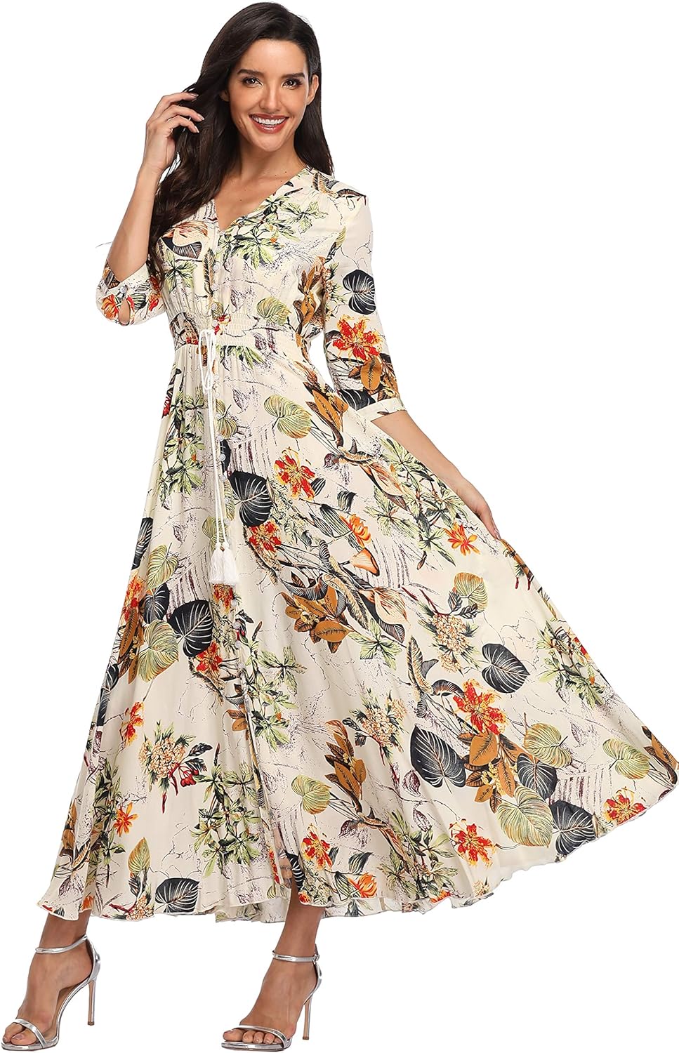 Summer Floral Print Maxi Dress Women Button Up Split Long Flowy Bohemian Beach Party Dresses - Image 5