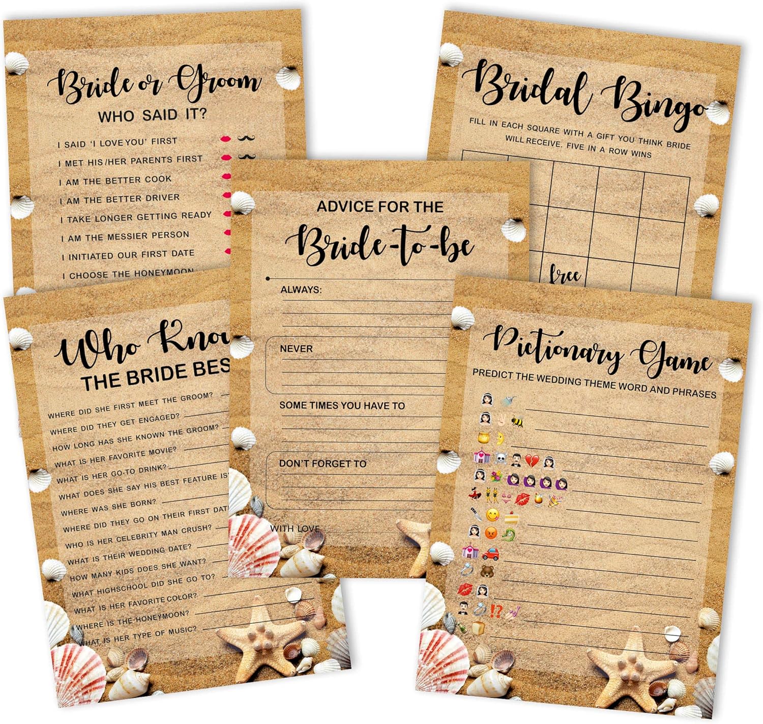 Bridal Shower Games Set of 5 (Activities for 50 Guests) Beach Theme Fun Bachelorette Party Games Set Bundle