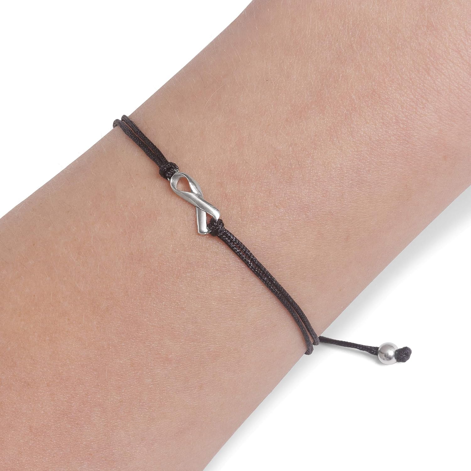 Black Thread Friendship Support Bracelet, Small Handmade Sterling Silver Ribbon Shaped Charm. Aware for Skin Cancer Melanoma, UV Safety, Sleep Apnea, Mourning, POW MIA. Adjustable