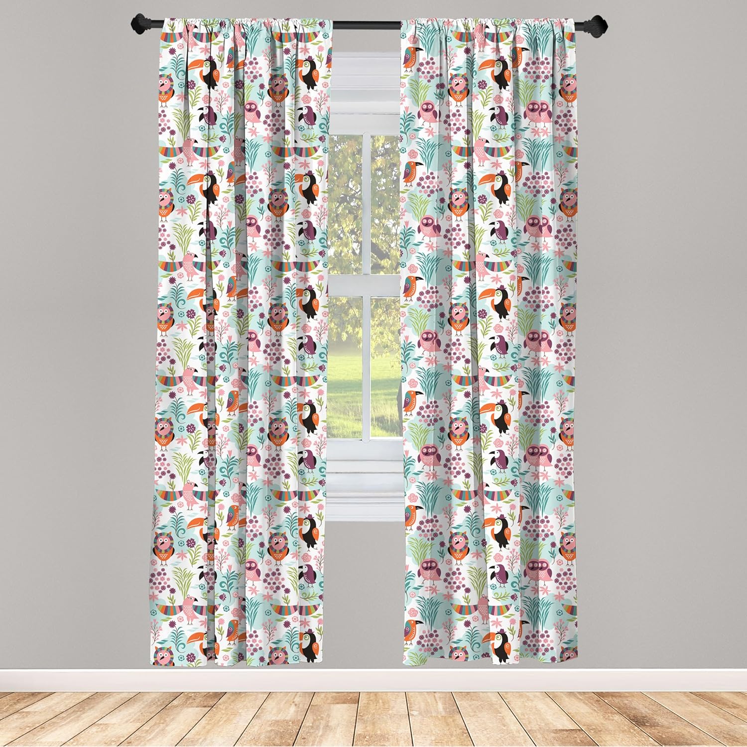 Ambesonne Tropical Curtains, Exotic Birds Pattern Cartoon Style Toucan Owls and Parrots Hawaii Flora and Fauna, Window Treatments 2 Panel Set for Living Room Bedroom, Pair of - 28" x 95", Teal Pink