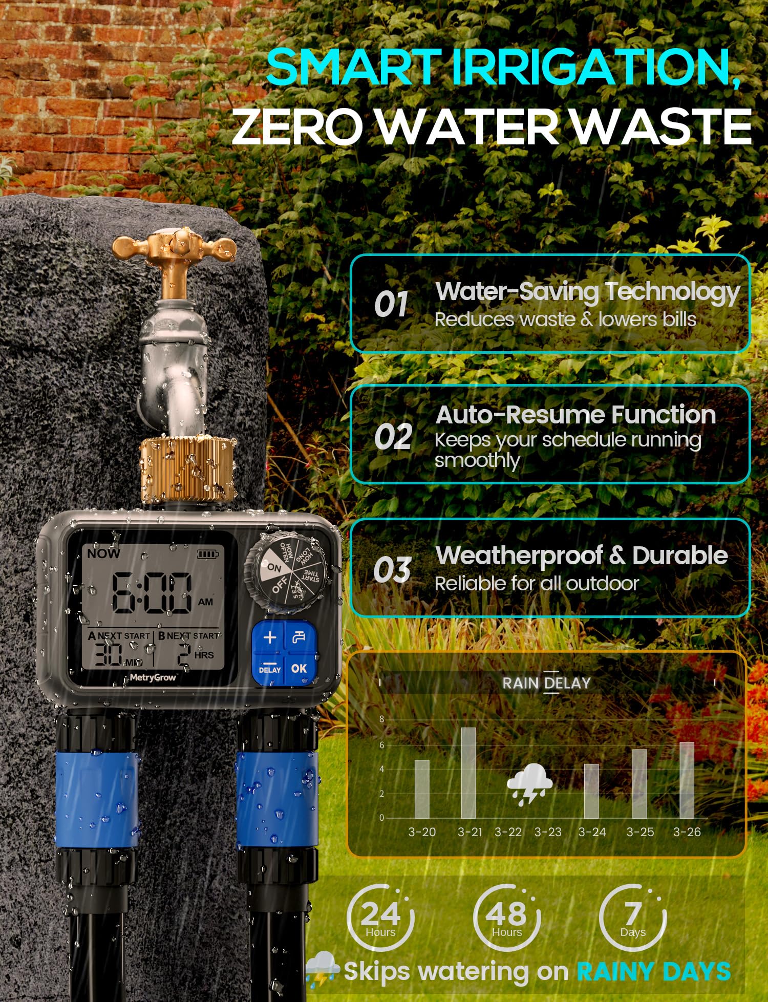 Timer zraszacza, programowalny timer wody do nawadniania z 2 mosiężnymi wlotami do węża ogrodowego, automatyczny system nawadniania trawnika podwórka, opóźnienie deszczu