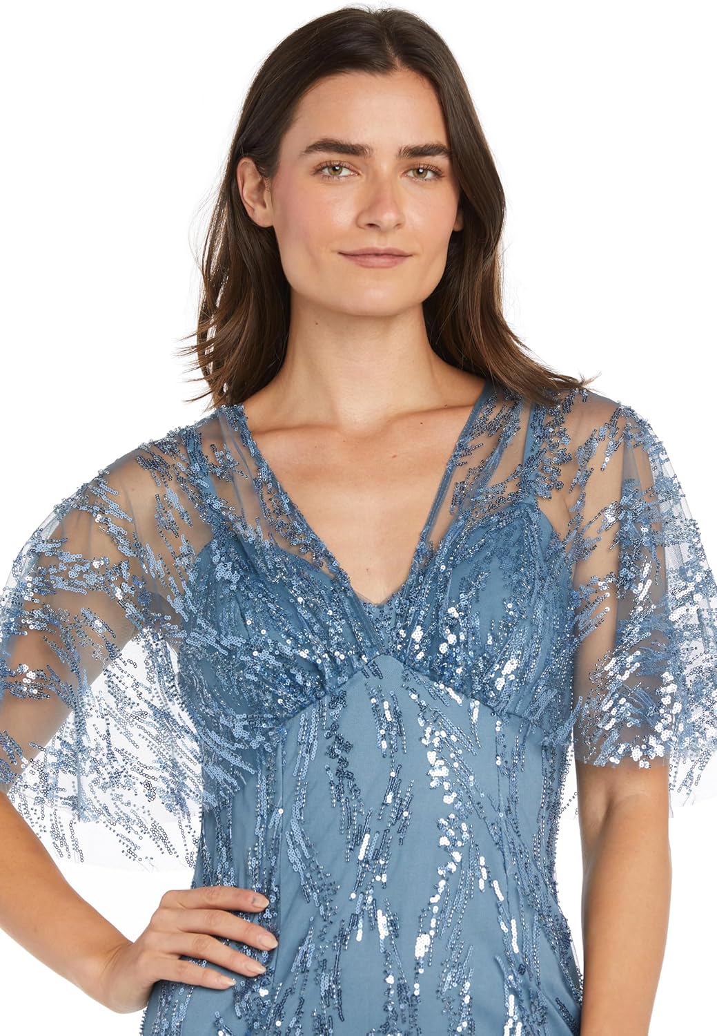 R&M Richards Elegant Long Beaded A-Line Evening Gown W/Sheer Capelet & Flutter Sleeves - Image 3