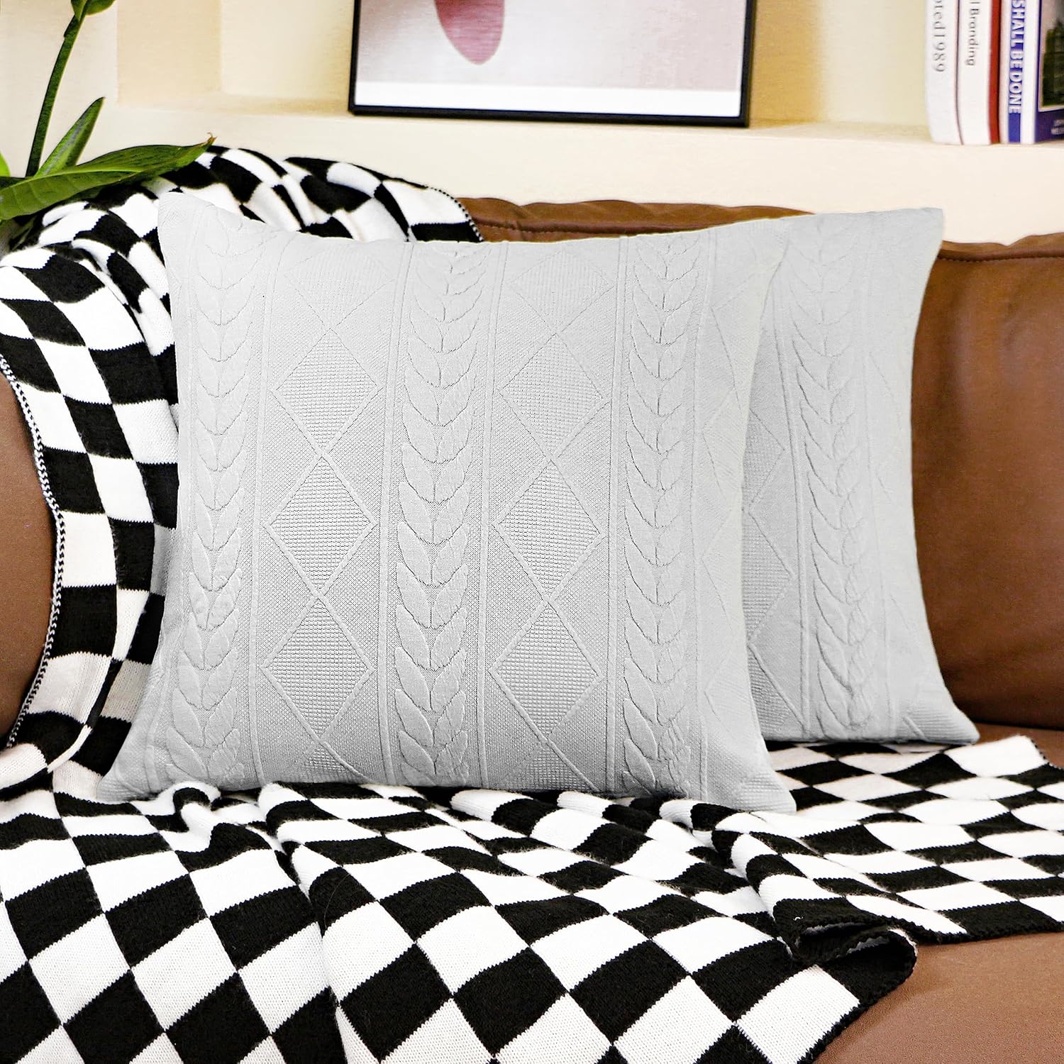 Uhomy Set of 2 Grey Decorative Knit Throw Pillow Cover Soft Knit Pillow Case Modern Boho Pillow Covers