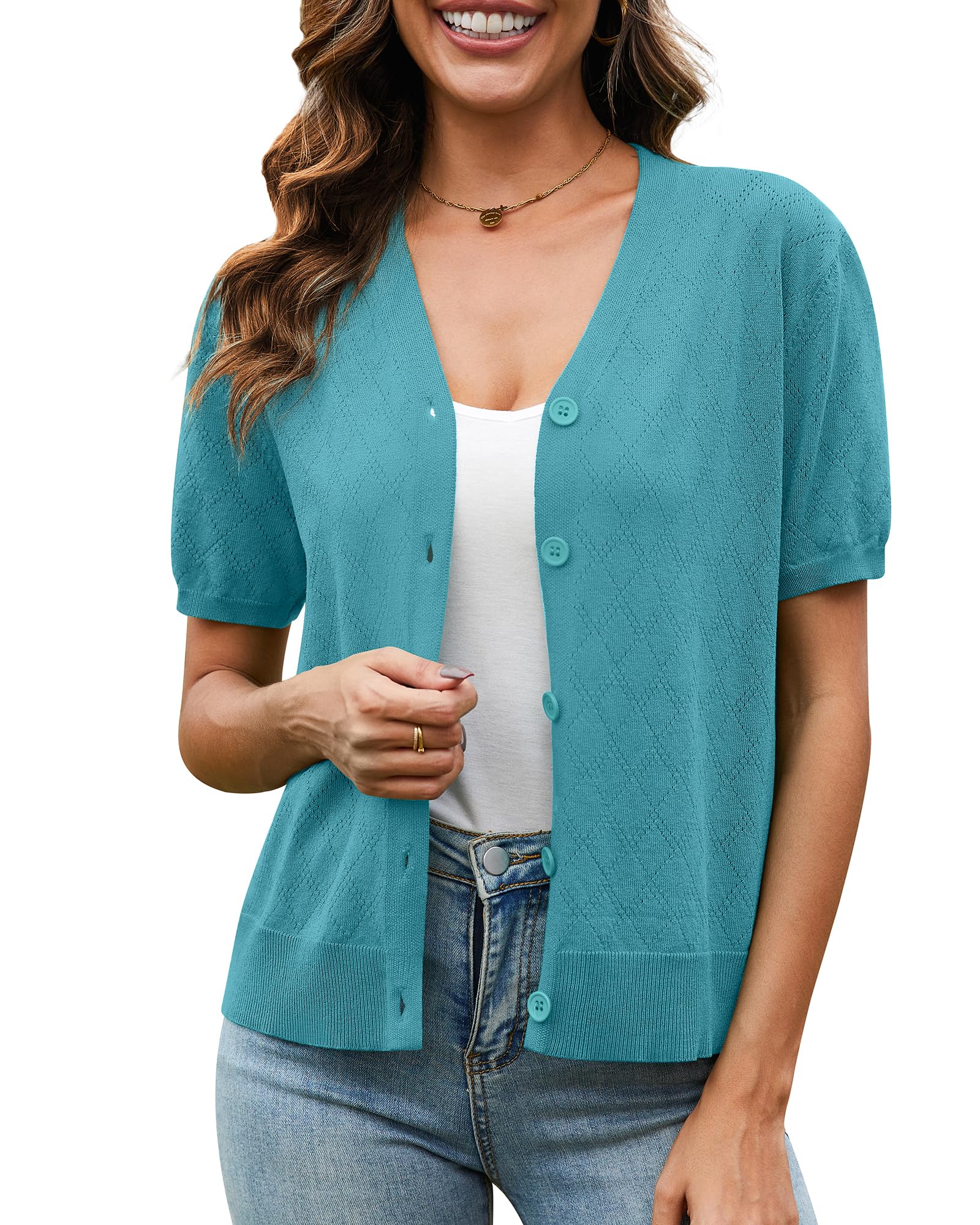 VIISHOW Short Sleeve Lightweight Summer Cardigan for Women, Button Down Open Front V Neck Crochet Knit Cropped Bolero Shrugs