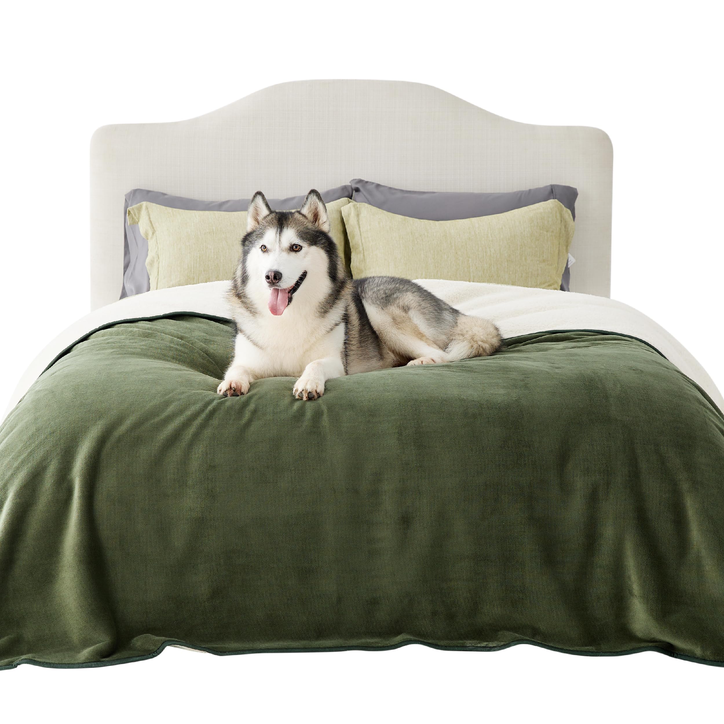 LE SURE Waterproof Fleece Blanket Washable - 274x218cm Blanket For People and Large Dogs, Versatile Dog Throw King Protects Bed and Sofa with Soft Plush, Olive Green — image 1