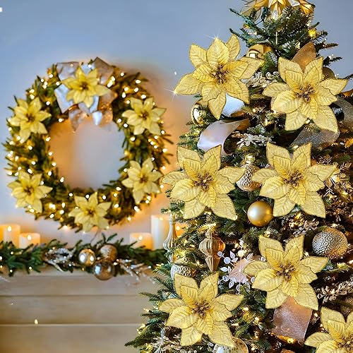 Miniatura 3 de 12 flores de pascua artificiales con tallo, decoración de Navidad con purpurina, adornos de Navidad para árbol de Navidad, decoración de flores de