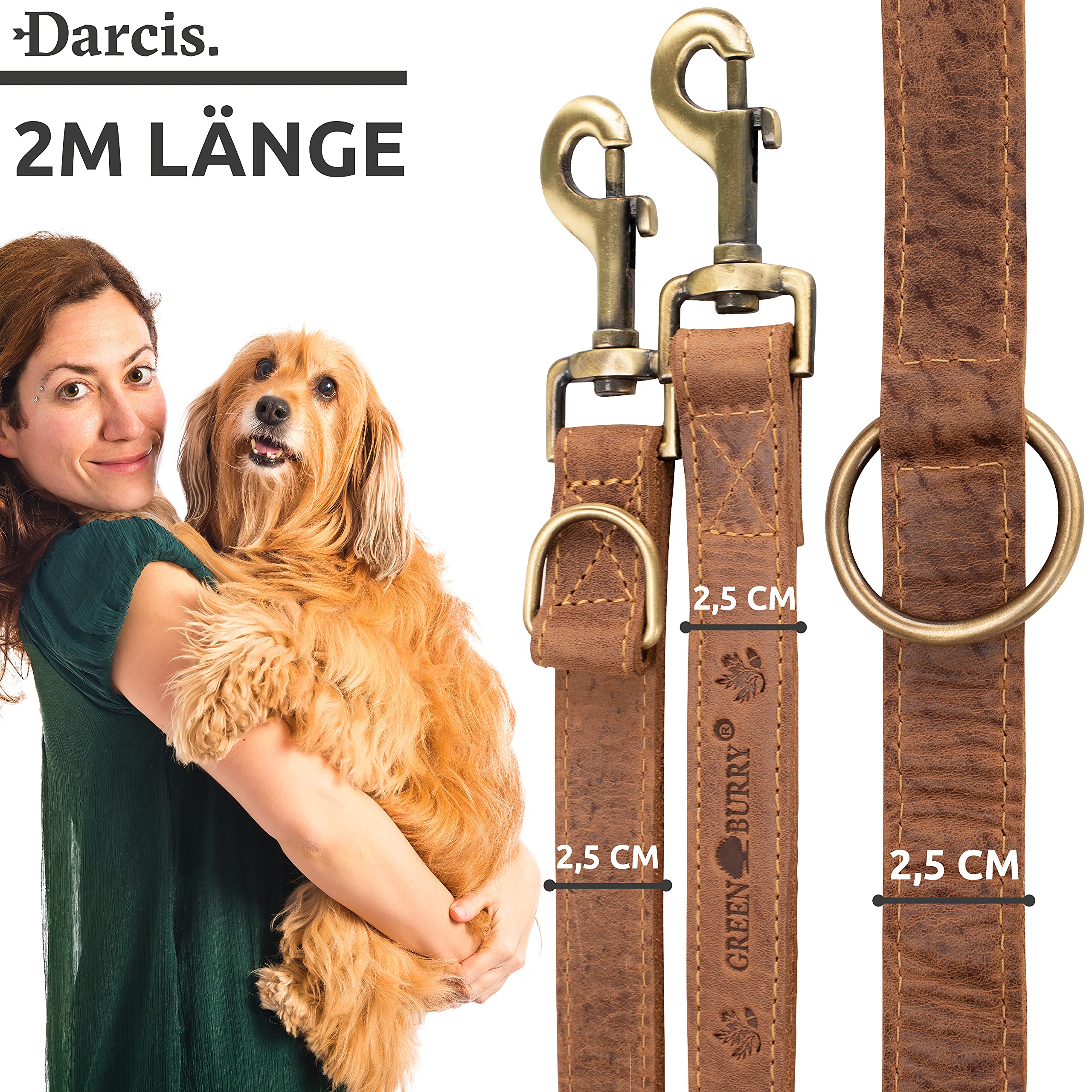 Greenburry Hundeleine Braun 200 cm - Extrem Robust aus hochwertigem und doppellagigen Rindsleder (2,5 cm breit) - Ideale Hunde Leine für Große Hunde - 3 Fach verstellbar - Rostfreier Karabinerhaken
