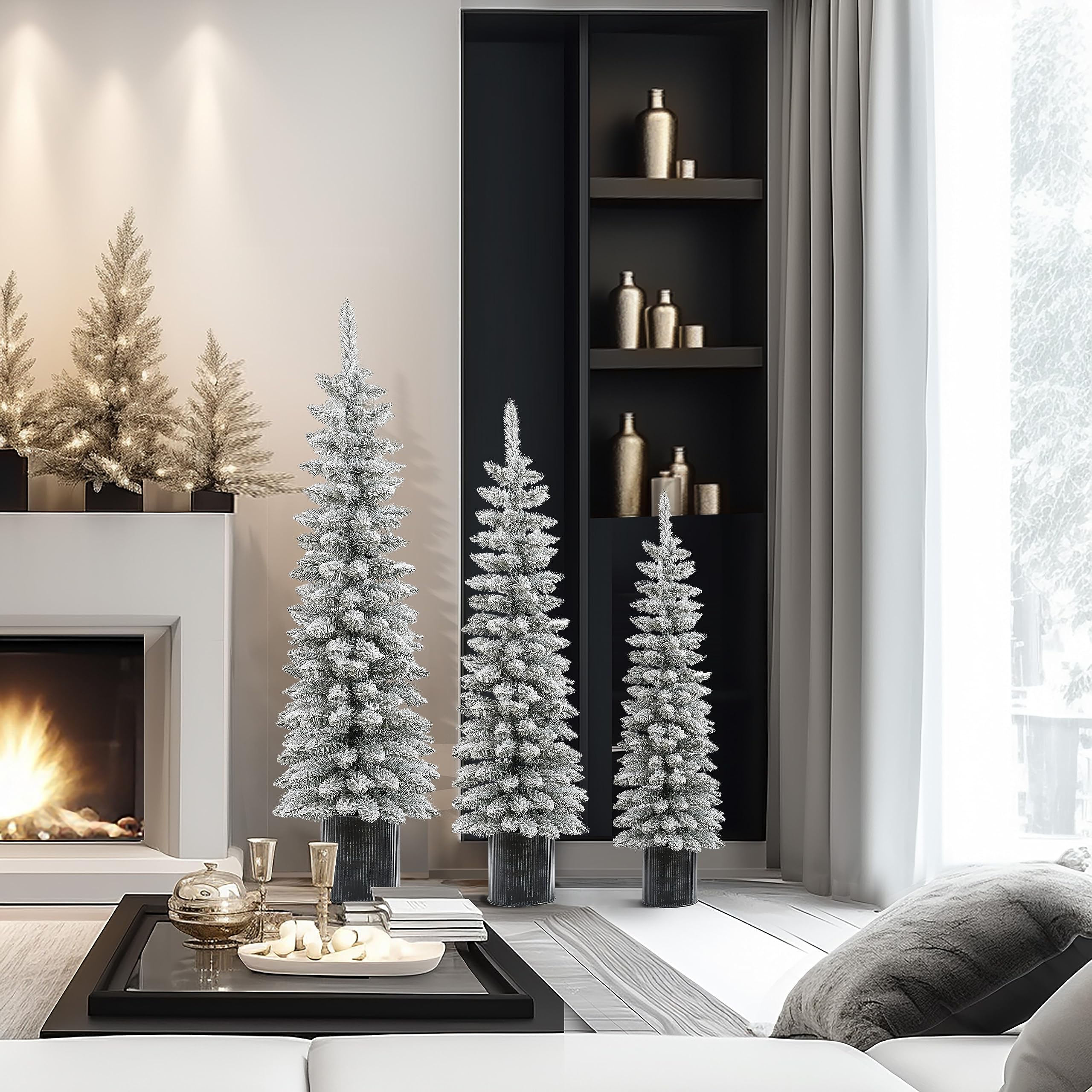LuxenHome 3er Set Weihnachtsbäume, unbeleuchtete schneebeflockte Weihnachtsbäume mit Metalltöpfen, 3 Stück künstlicher Weihnachtsbaum Holiday Dector Indoor Xmas Decor, Kleiner Bleistift Weihnachtsbaum