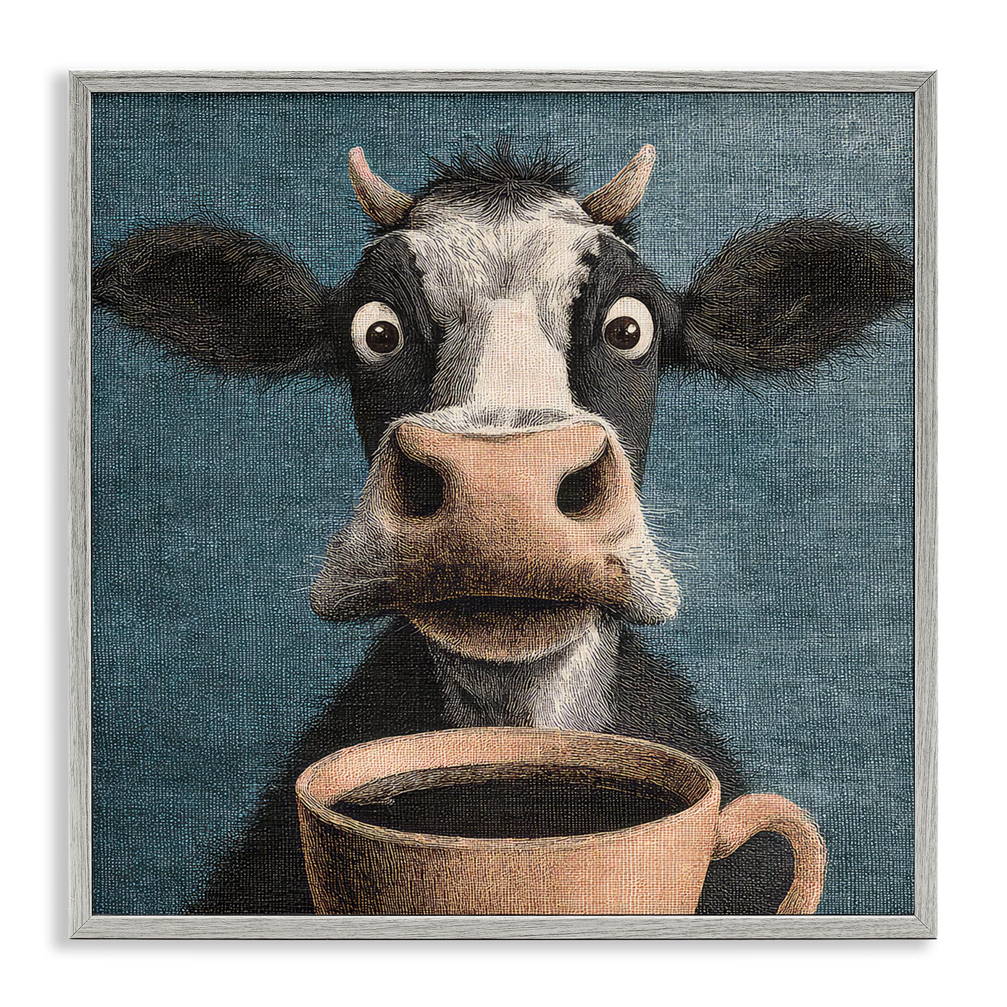 Stupell Industries 'Grumpy Cow & Coffee', Framed Giclee Art, Gray, 17 x 17 Inches, Easy to Hang and Sturdy, Made in USA, by The Wands Want
