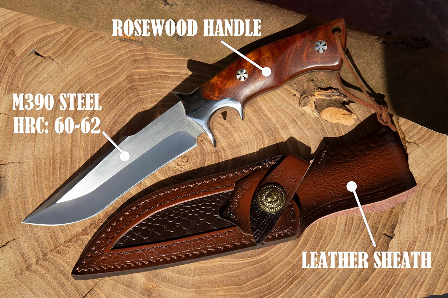 WT03 Handmade Fulltang Fixed Blade Tactical Knife with Leather Sheath, M390 Steel EDC Knives with Rosewood Handle, Hunting, Camping Gifts for Men