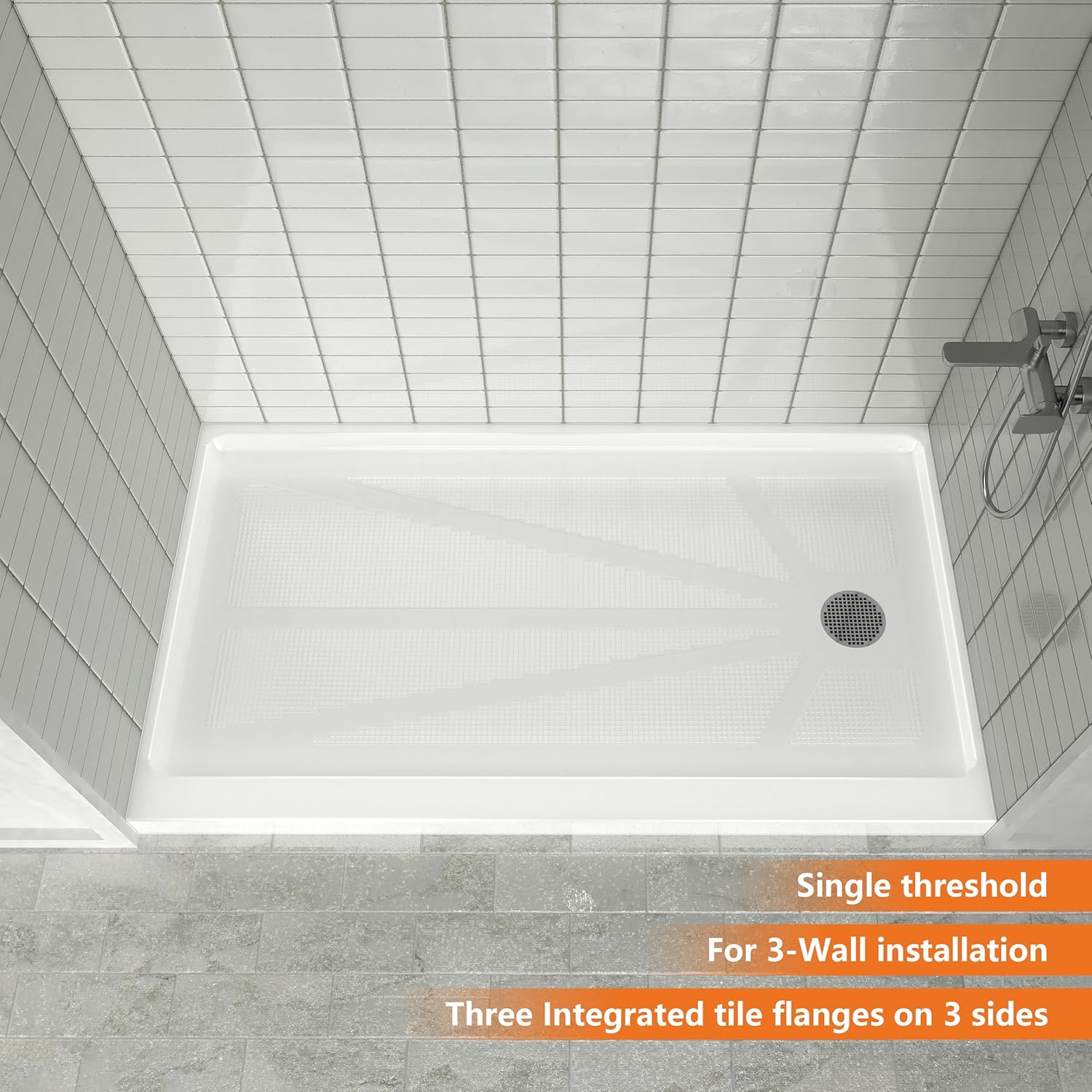 CKB 60 in. L x 34 in. W Single Threshold Shower Base, Right Drain Shower pan with Slip Resistant Textured Surface, White Acrylic Shower Base