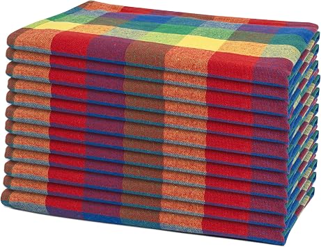 Multicolor Rainbow Cloth Dinner Napkins - 12 Pack, 100% Cotton, 20"x20" Colorful Cotton Dinner Napkins for Parties and Events - Checkered Multicolor Napkins