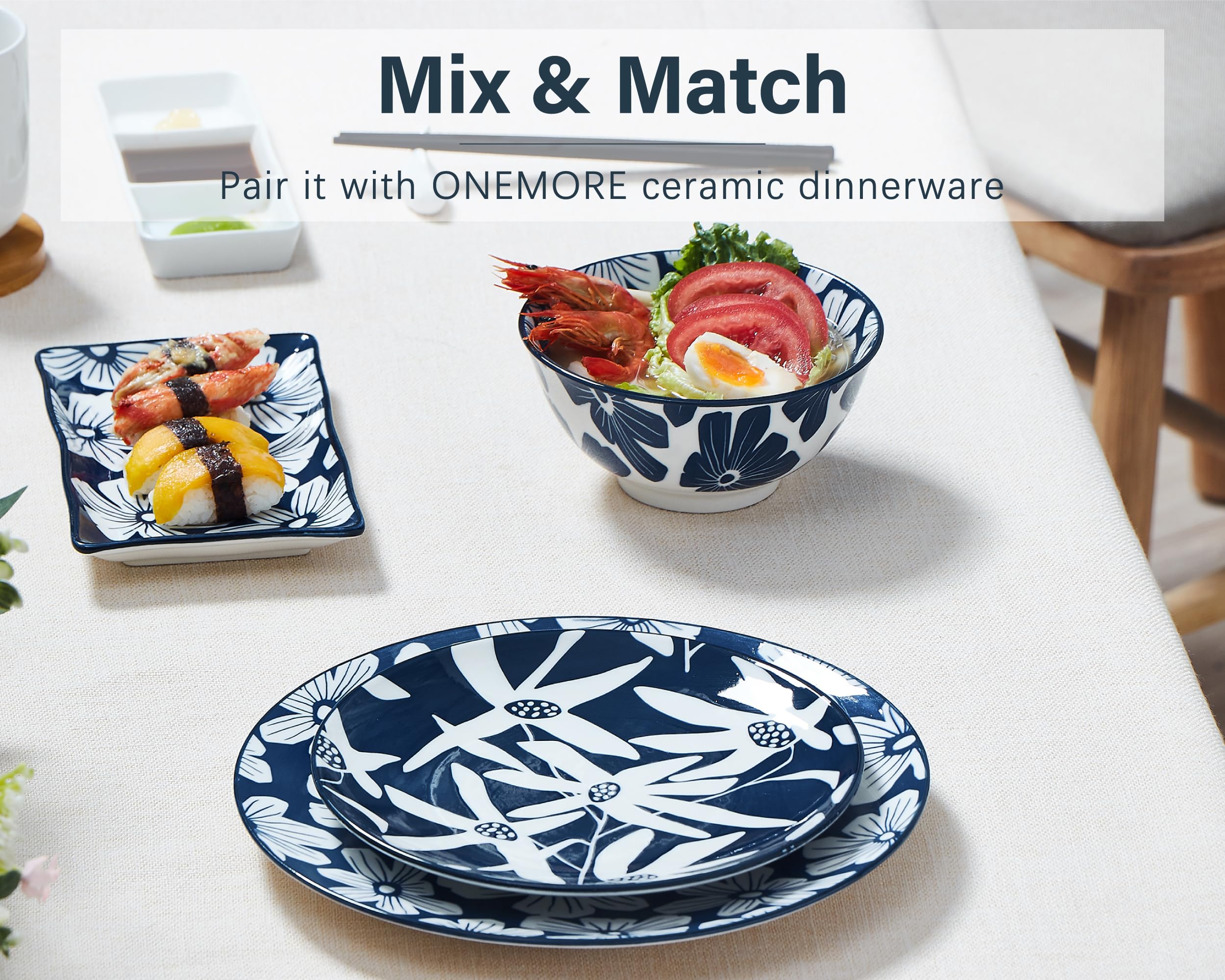ONEMORE Juego de 4 platos llanos de porcelana de 10.5 pulgadas, platos de postre de ensalada azul y blanco, aptos para microondas y lavavajillas, resistentes a los arañazos, plato grande para servir