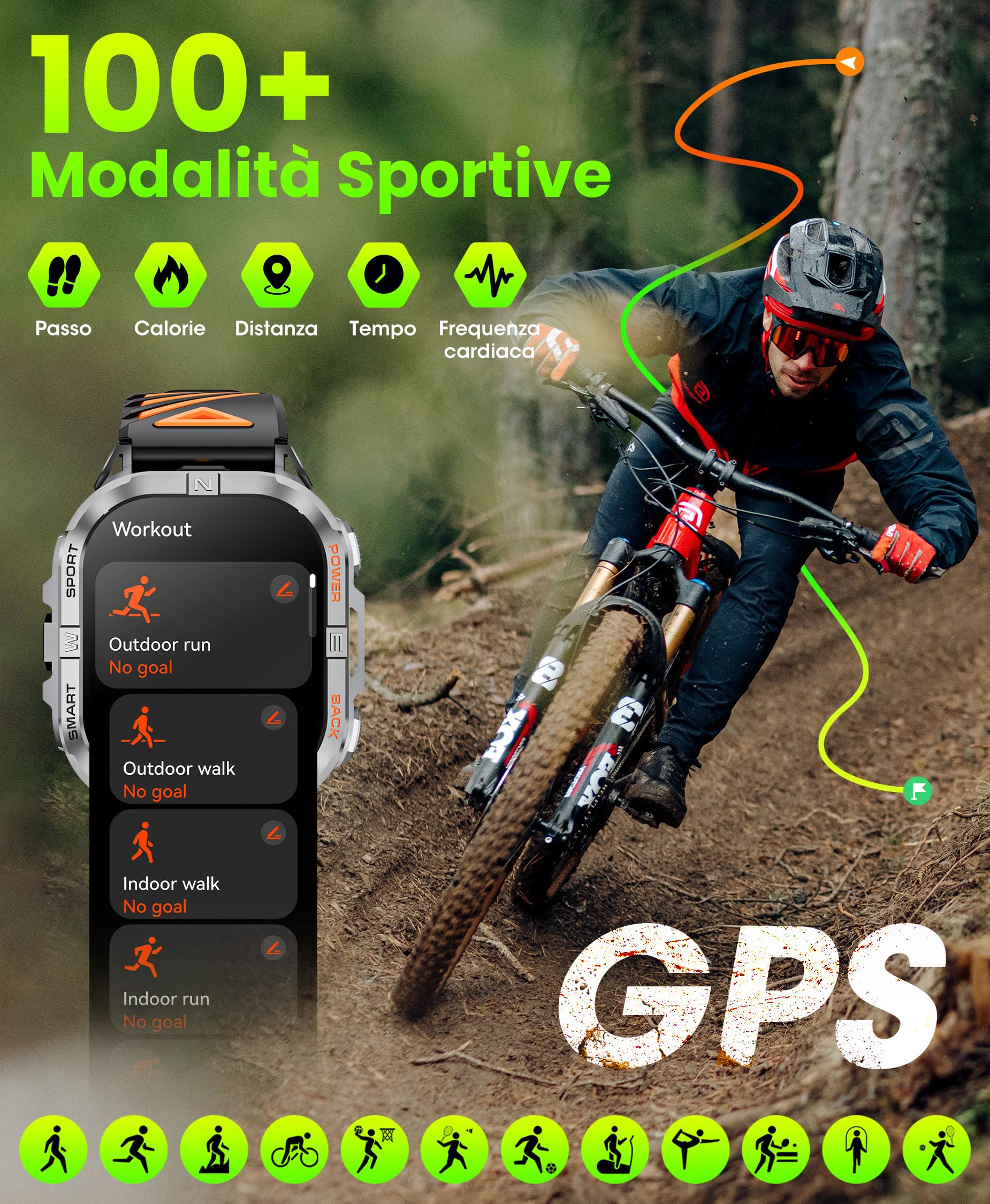 Joautrial GPS Smartwatch Uomo, 2,13" AMOLED Militare Orologio con LED Torcia, Bussola,100+ Modalità Sportive, Monitoraggio della Salute, Chiamate Bluetooth per Android iOS (Nero)