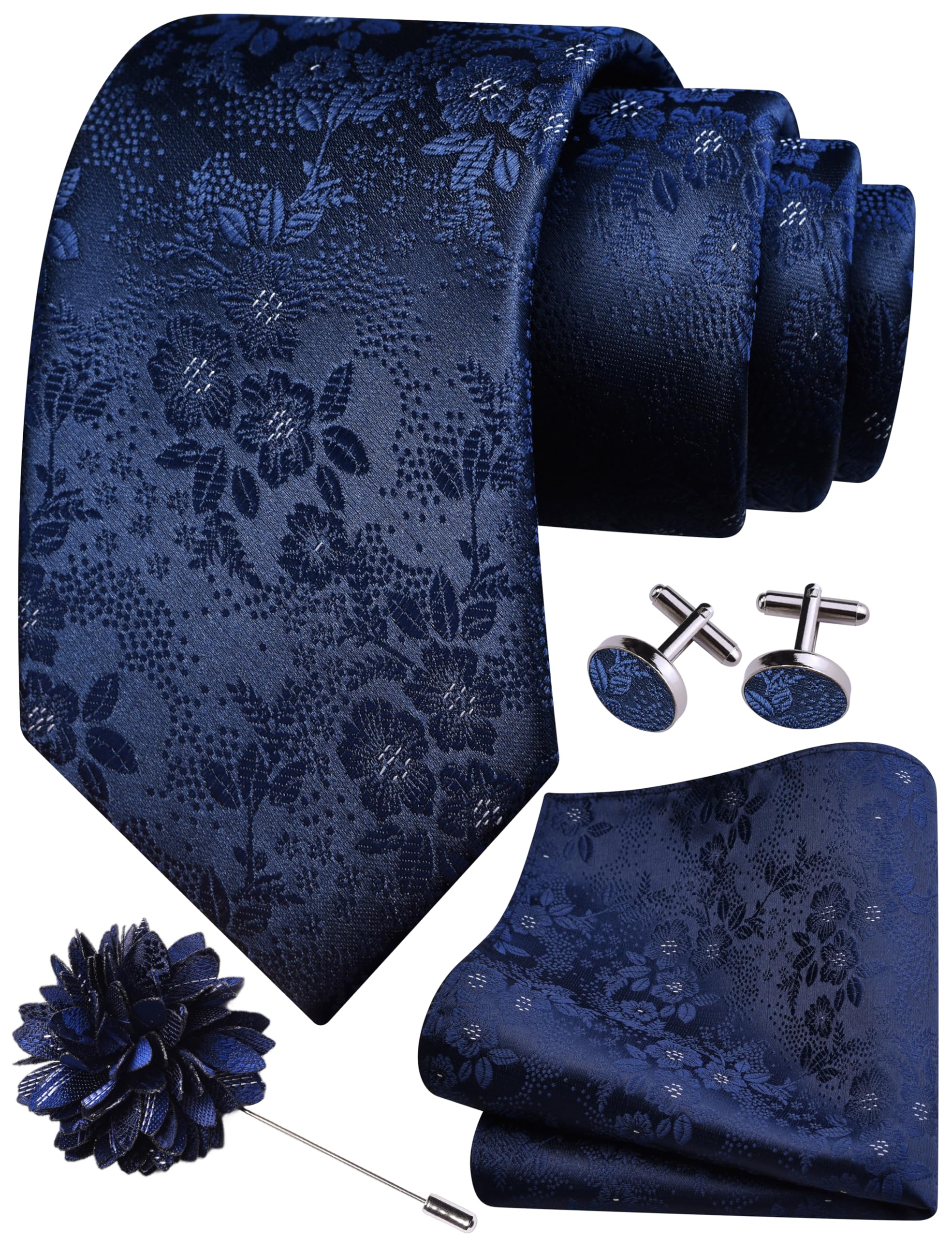 3.15"(8cm) Mens Tie and Lapel Pin Floral Necktie Hankerchief Cufflinks Set for Men