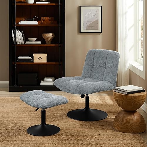 Miniatura 10 de Art Leon Silla de escritorio sin ruedas, con otomana y almohada lumbar, silla de oficina sin brazos sin ruedas, silla cruzada moderna, giratoria de