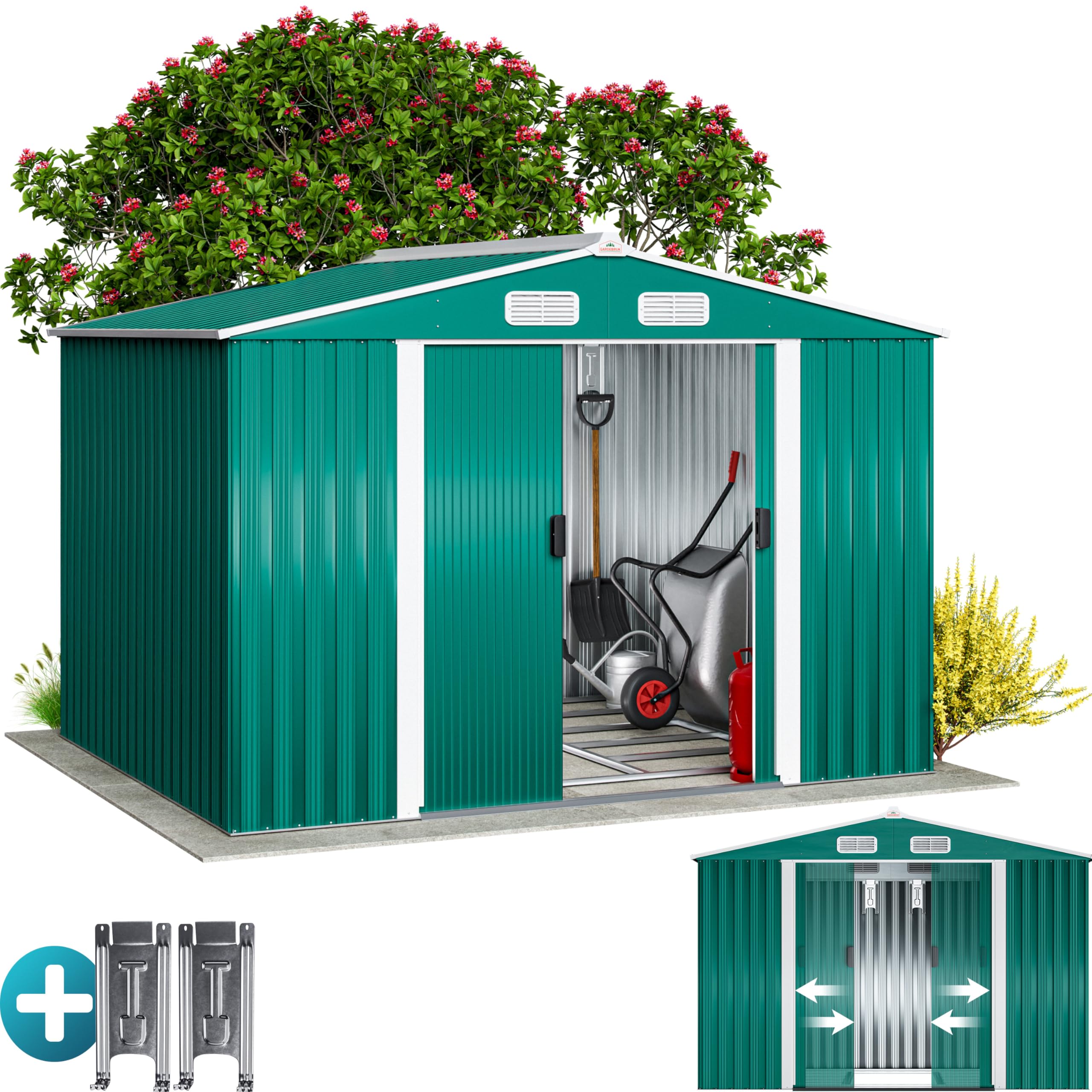 GARDEBRUK® XXL Metal Tool Shed 5 m² with Base 257 x 205 x 178 cm Sliding Door Green Tool Shed Garden Shed 8.4 m³