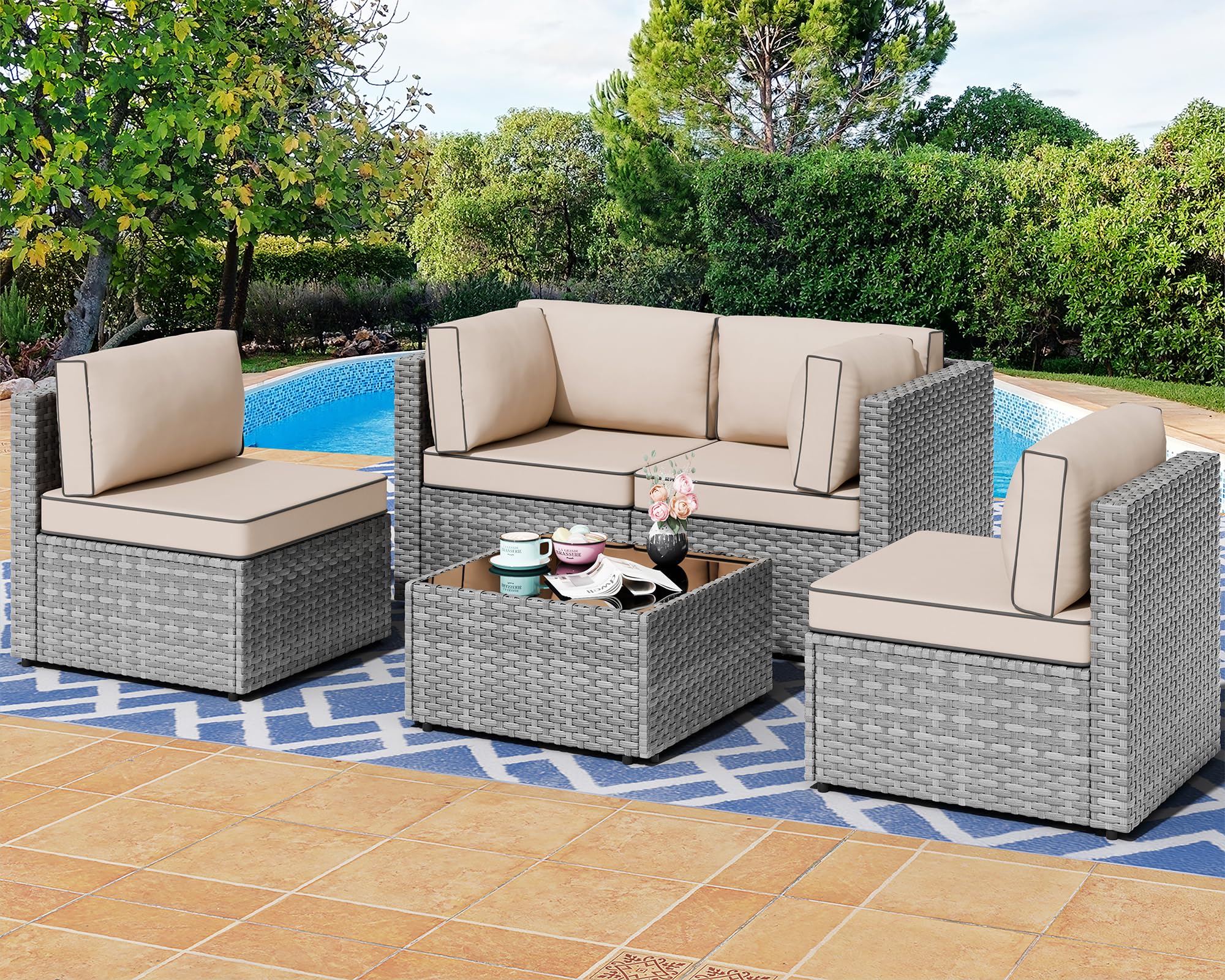 Shintenchi 5 Pieces Outdoor Patio Furniture Sets, Patio Sectional Sofa Couch, Gray PE Wicker Furniture Modular Patio Conversation Sets Patio Sofa with Washable Cushions & Table?Khaki?(incomplete) 