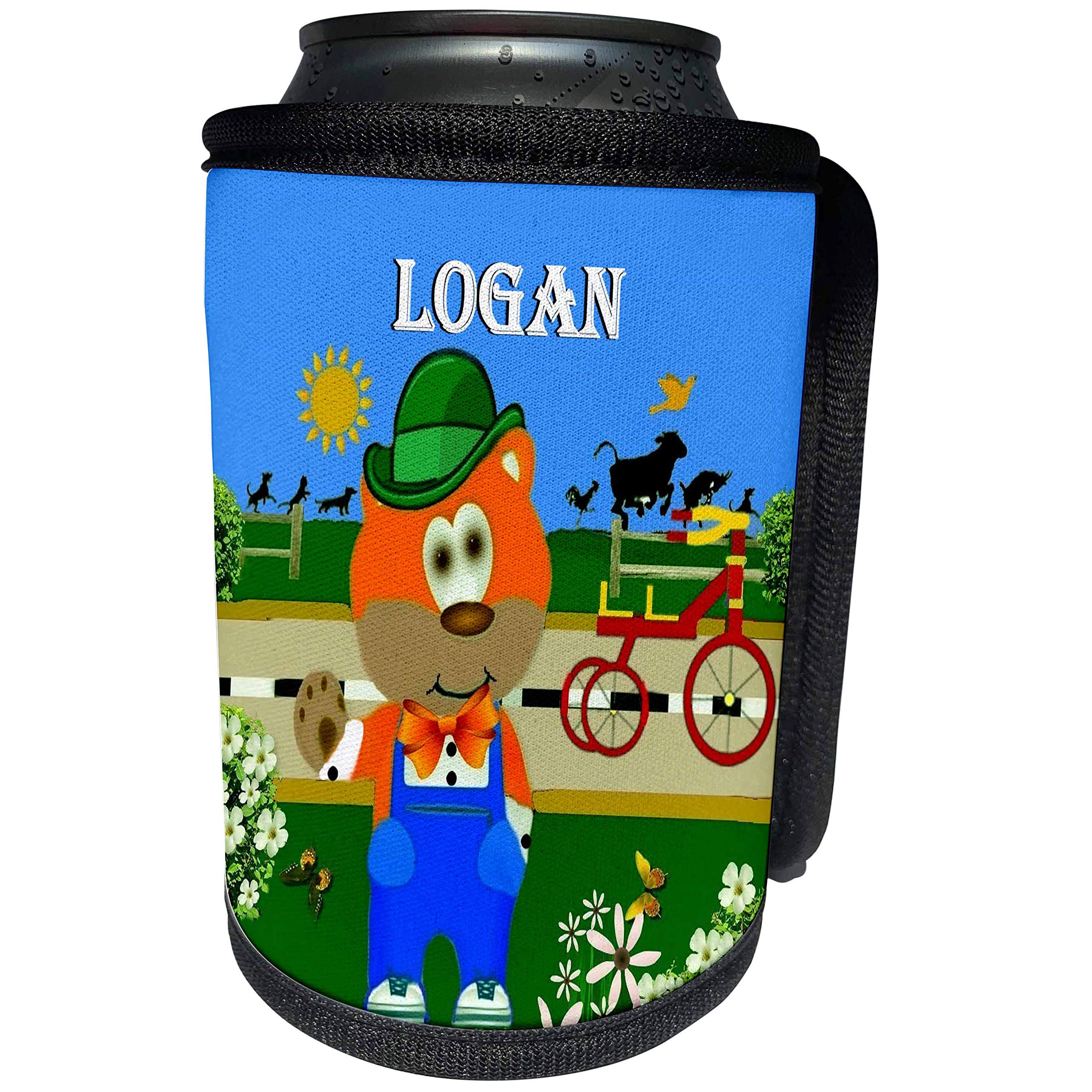 Can Cooler Bottle Wrap - Decorative Bear Wearing Overalls with the name Logan Male Child Name Design