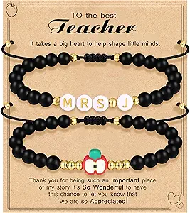 Teacher Appreciation Bracelet Gifts for Women Initial Beaded Bracelets Back to School Thank You Teacher Gifts 2pcs Link Bracelet New Teacher Graduation Gift Birthday Retirement Teachers' Day Jewelry