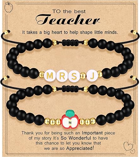 Teacher Appreciation Bracelet Gifts for Women Initial Beaded Bracelets Back to School Thank You Teacher Gifts 2pcs Link Bracelet New Teacher Graduation Gift Birthday Retirement Teachers' Day Jewelry