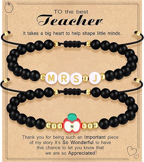Teacher Appreciation Bracelet Gifts for Women Initial Beaded Bracelets Back to School Thank You Teacher Gifts 2pcs Link Bracelet New Teacher Graduation Gift Birthday Retirement Teachers' Day Jewelry
