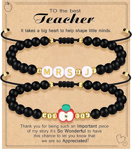 Teacher Appreciation Bracelet Gifts for Women Initial Beaded Bracelets Back to School Thank You Teacher Gifts 2pcs Link Bracelet New Teacher Graduation Gift Birthday Retirement Teachers' Day Jewelry
