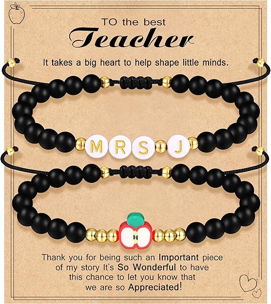 Teacher Appreciation Bracelet Gifts for Women Initial Beaded Bracelets Back to School Thank You Teacher Gifts 2pcs Link Bracelet New Teacher Graduation Gift Birthday Retirement Teachers' Day Jewelry
