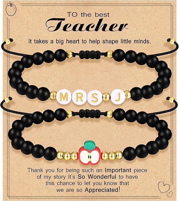 Teacher Appreciation Bracelet Gifts for Women Initial Beaded Bracelets Back to School Thank You Teacher Gifts 2pcs Link Bracelet New Teacher Graduation Gift Birthday Retirement Teachers' Day Jewelry