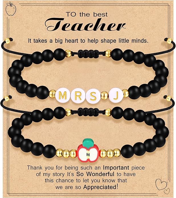 Teacher Appreciation Bracelet Gifts for Women Initial Beaded Bracelets Back to School Thank You Teacher Gifts 2pcs Link Bracelet New Teacher Graduation Gift Birthday Retirement Teachers' Day Jewelry