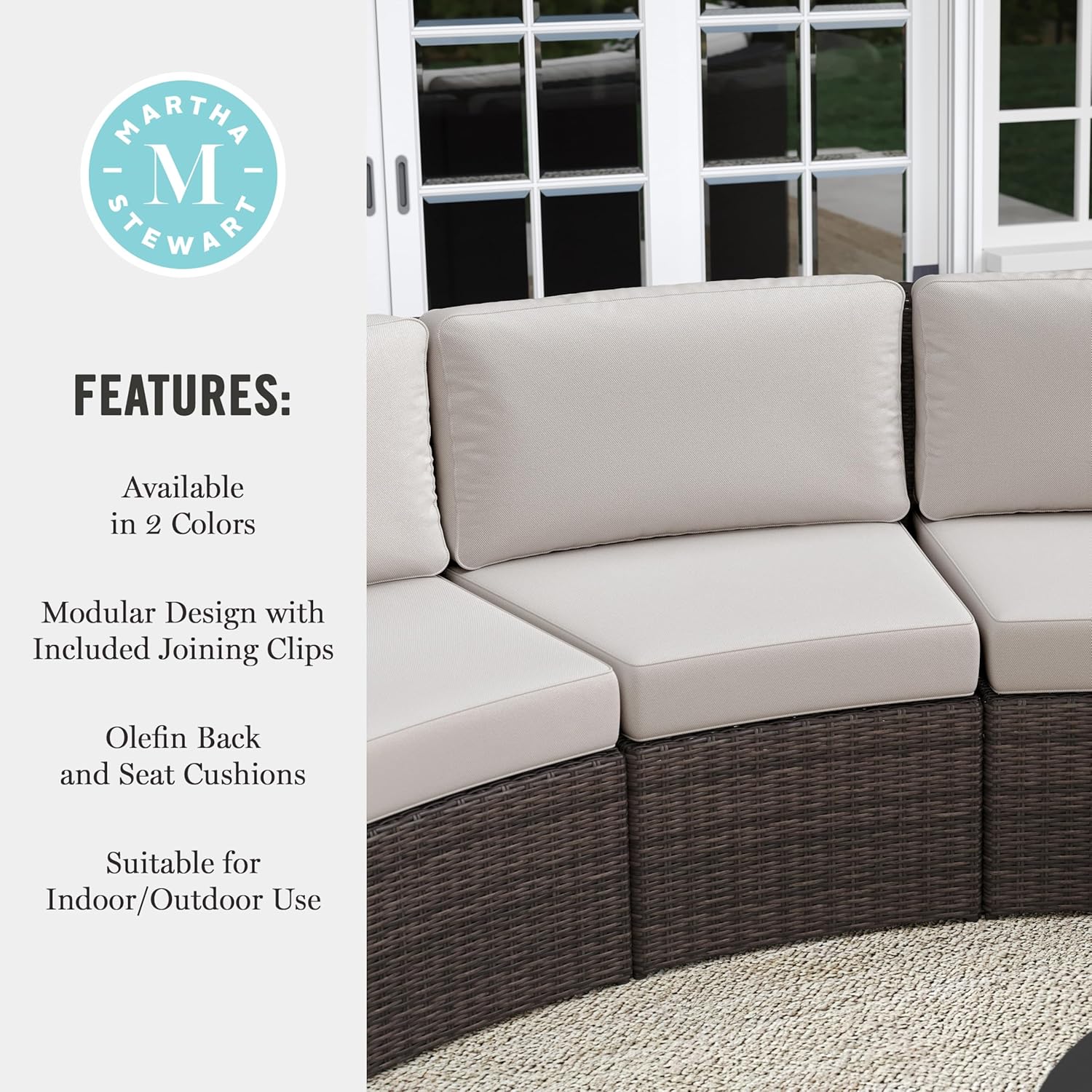 Martha Stewart Bedford Indoor-Outdoor Modular Patio Curved Sectional Sofa Seat with Rattan Wicker Finish in Brown with Tan All-Weather Cushions