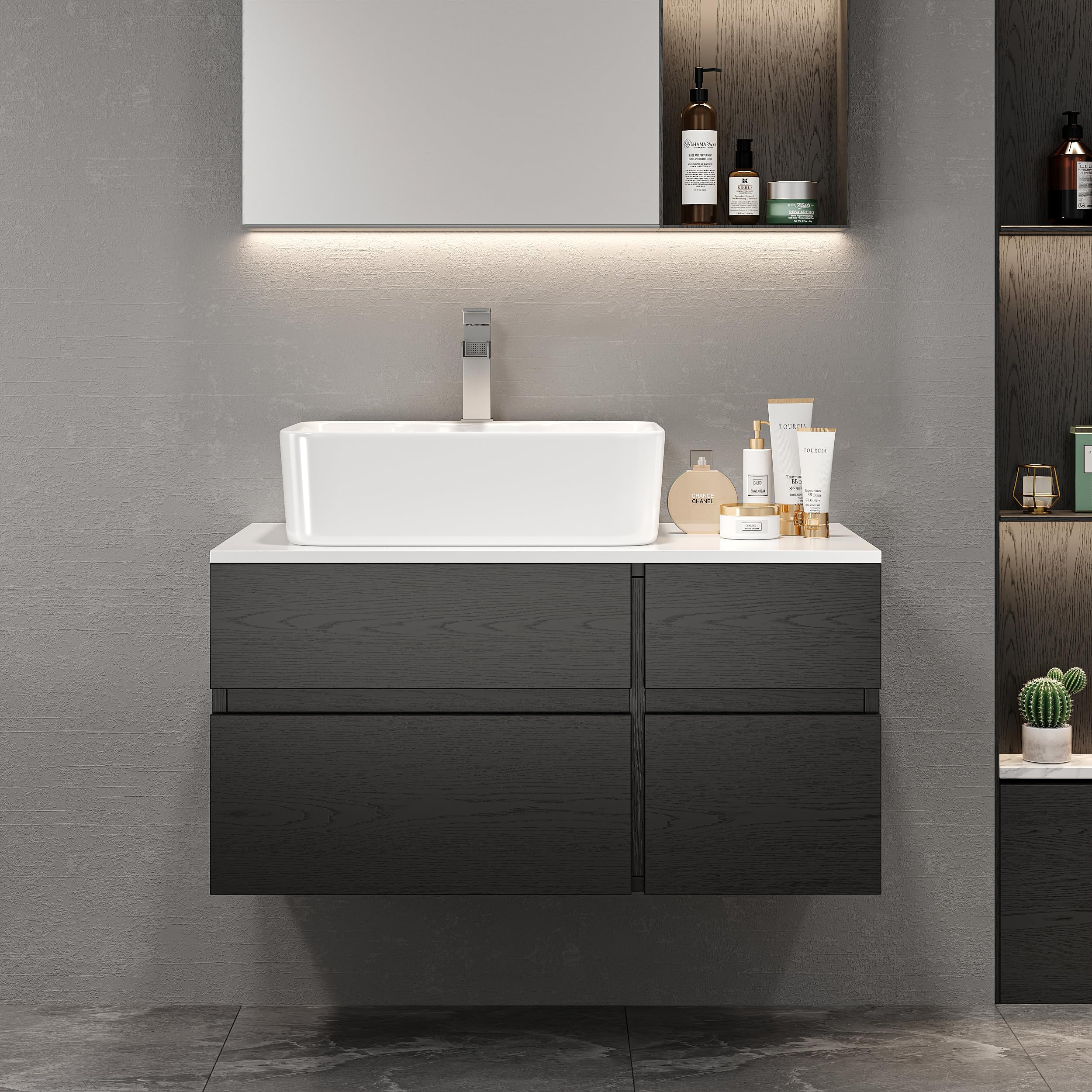 Weibath Bathroom Vanity Floating Bathroom Sink Cabinet with Ceramic Vessel Sink Wall Mounted Floating Vanity (Black & White, 31.5" W)