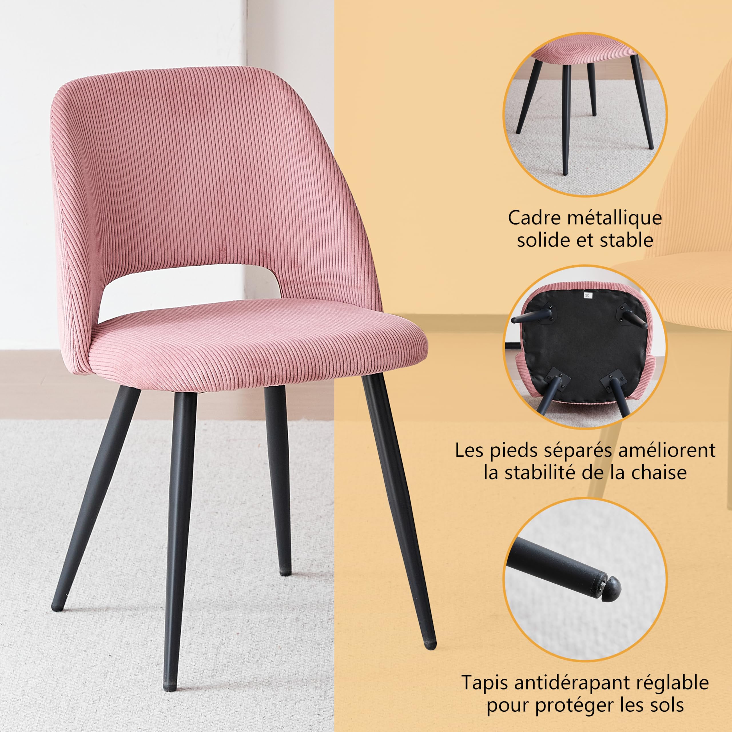 Esstisch und Stuhlset, Runder Esstisch mit 4 stühlen aus Cord,Durchbrochener Gepolsterte Küchenstühle,100cm Runder Esstisch,Küchentisch mit Stühlen,für Esszimmer,Küche(Dunkel + Rosa)