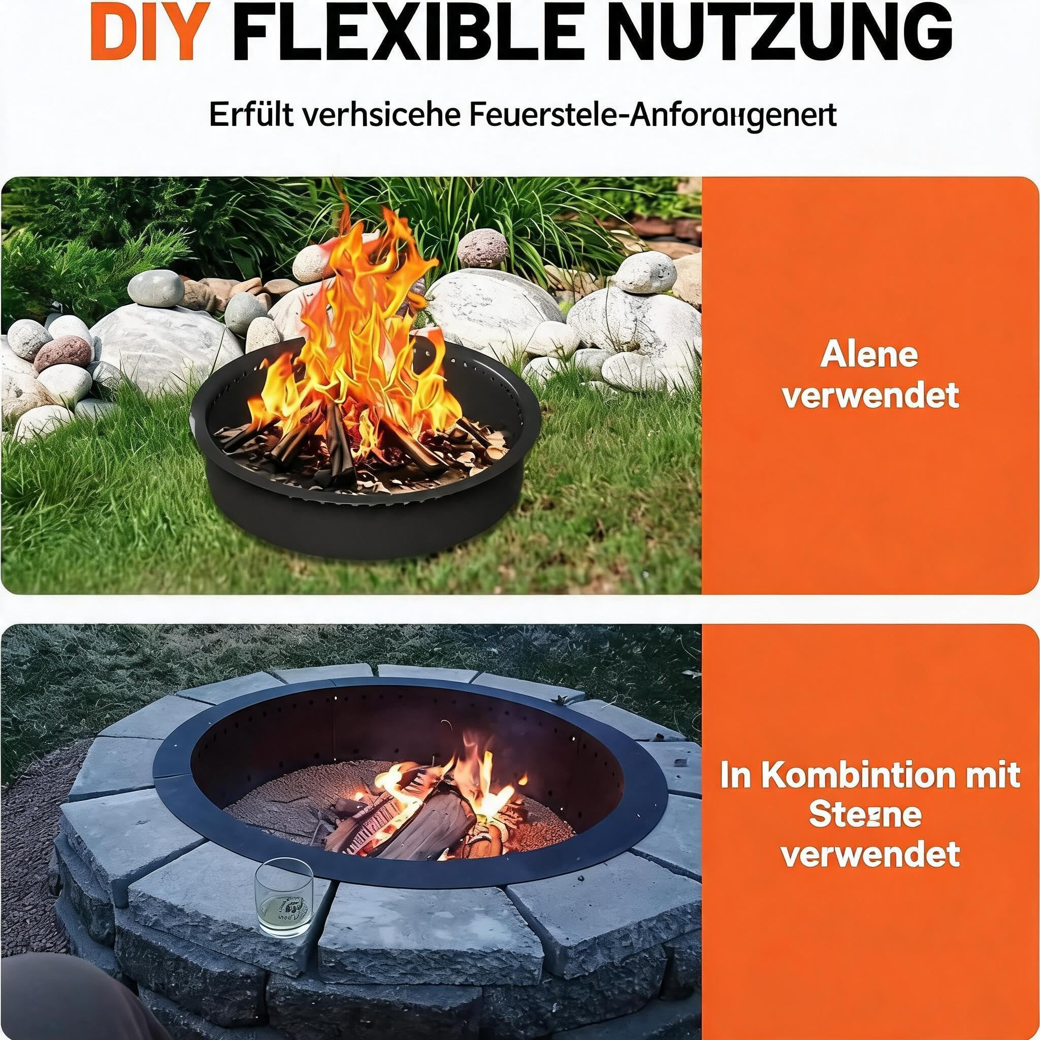 Aptliton Feuerring 91cm ø – Rauchfreie Feuerstelle Einsatz, Massiver Stahl Mit Rostschutzbeschichtung, 8-Teiliger Feuerstellenring, Schwarz