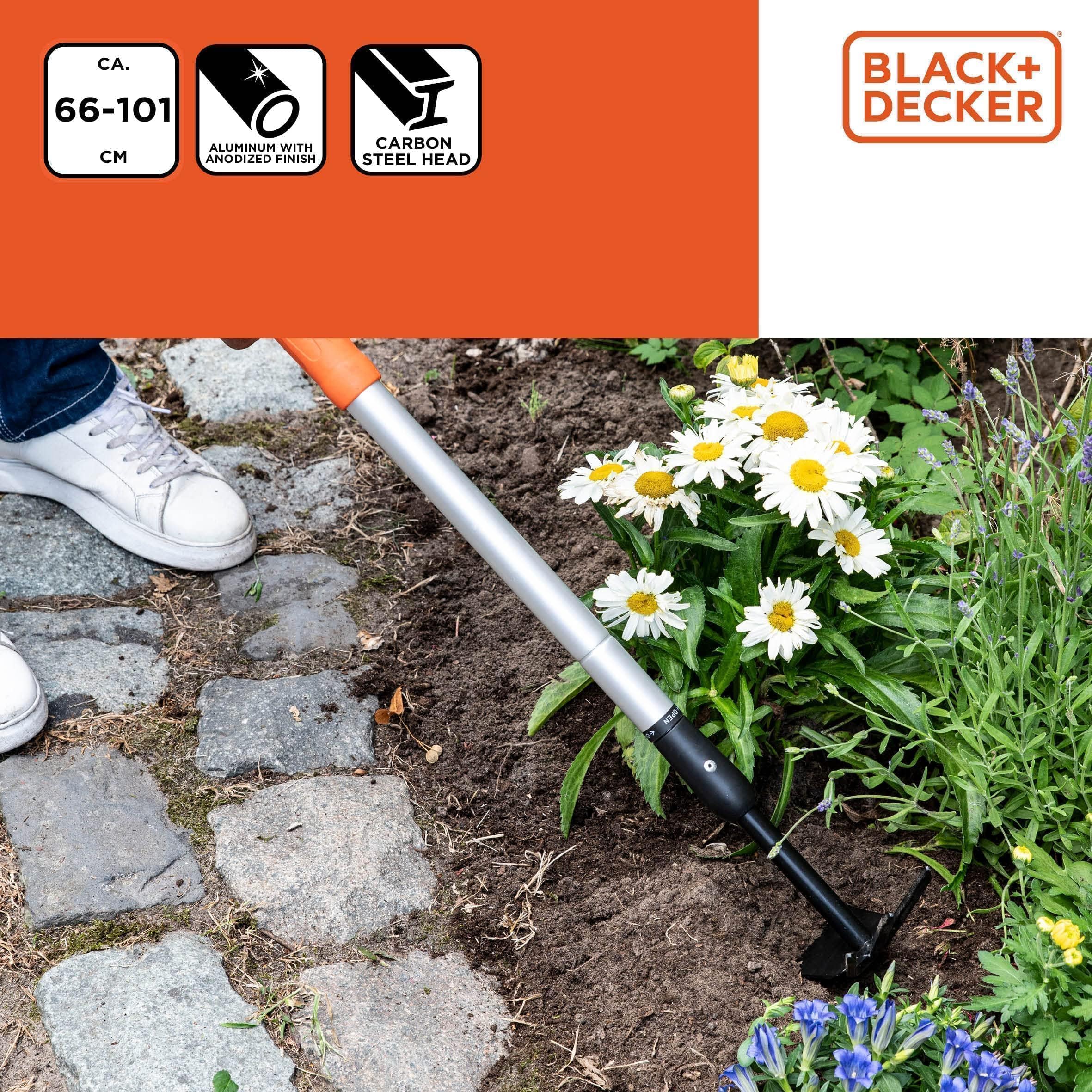 Black+Decker Cultivador, Azada y Azadón, Longitud Regulable 66-101 cm, Cultivar y Desherbar, Cabezal de Acero al Carbono