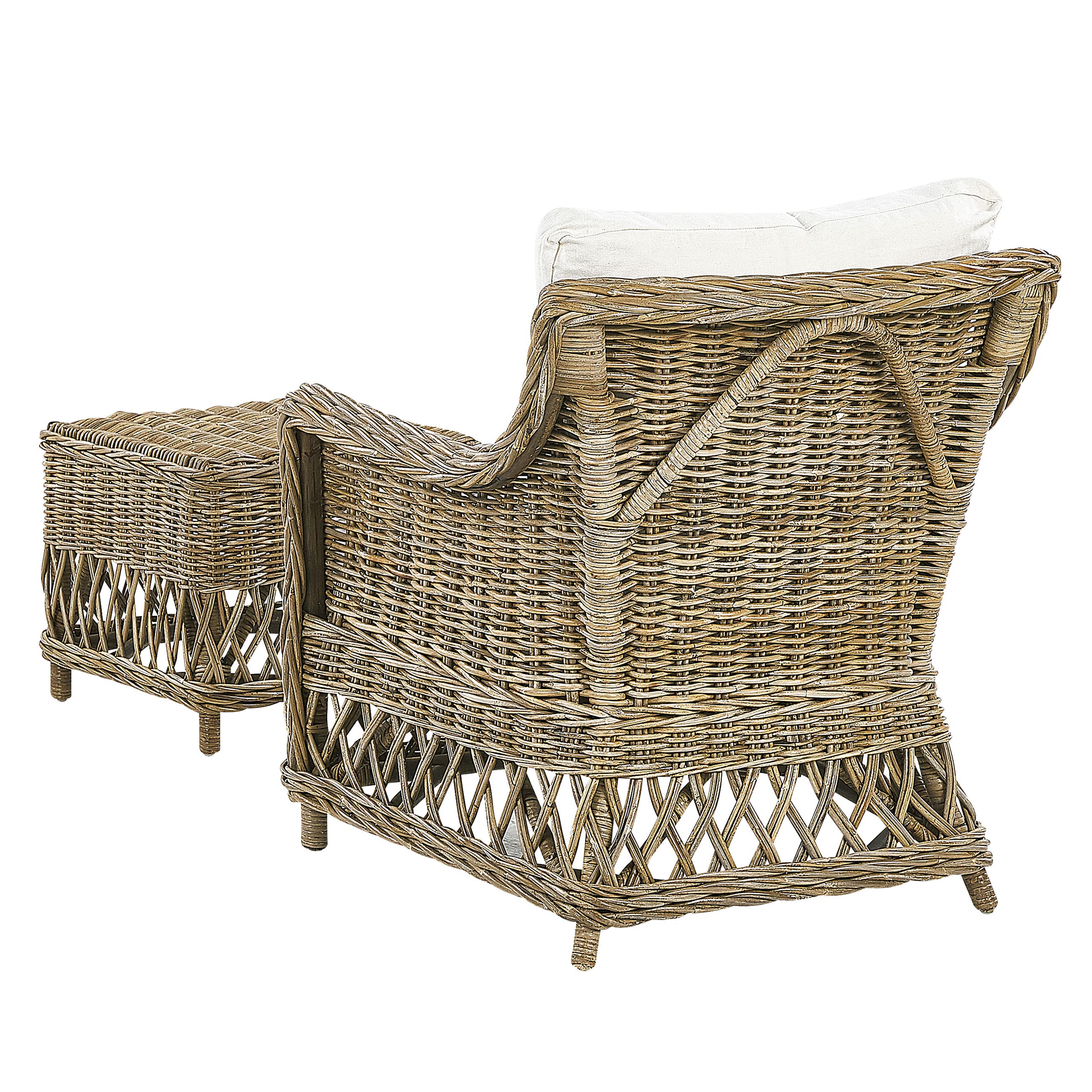 Poltrona da giardino in rattan naturale con cuscini in cotone bianco