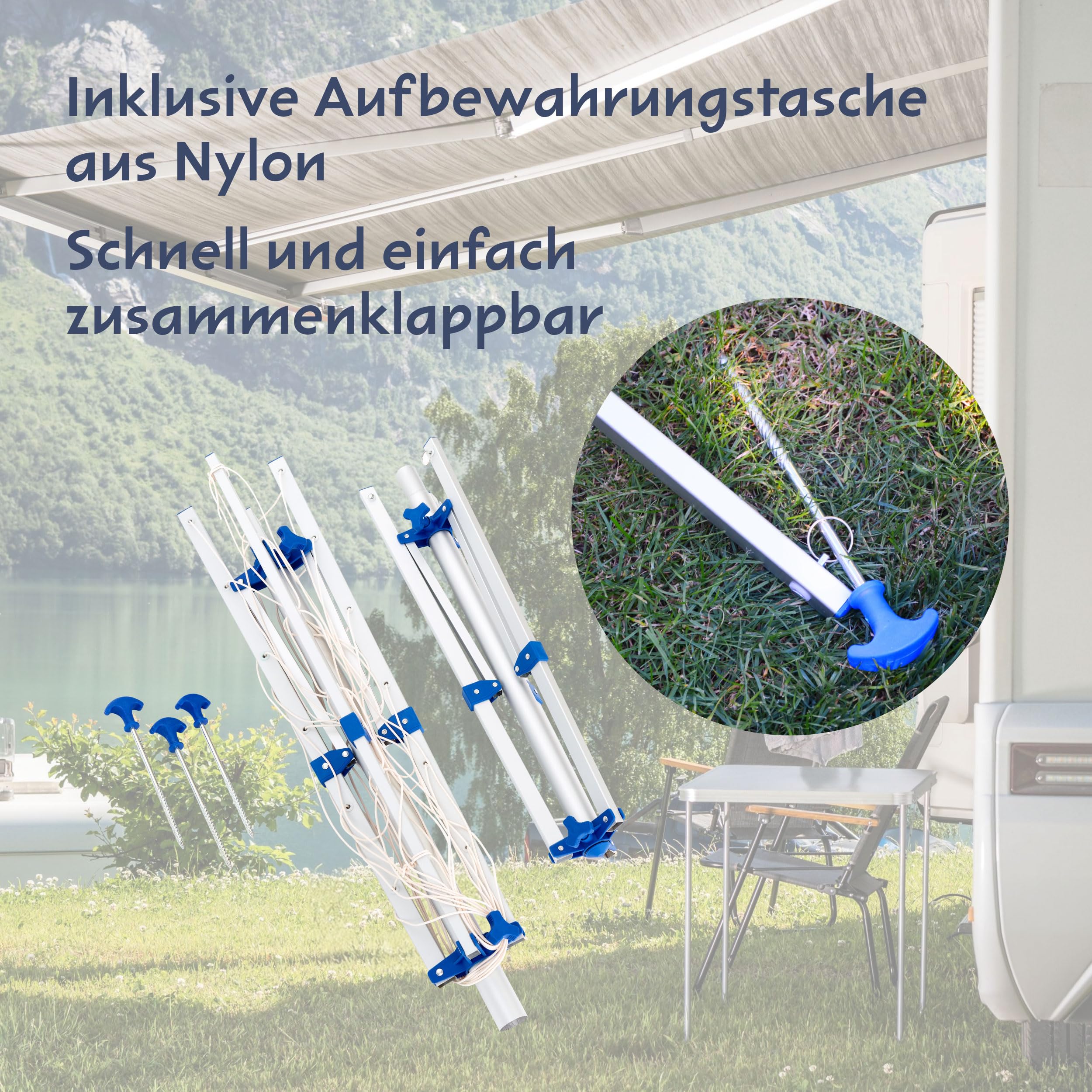 cartrend Caravan Wäschespinne Alu mit Stativ, ultraleicht mit sicherem Stand, stufenlos höhenverstellbar, witterungsbeständig, robust, zusammenklappbar, platzsparend, mit 3 Heringen und 3 Standfüßen