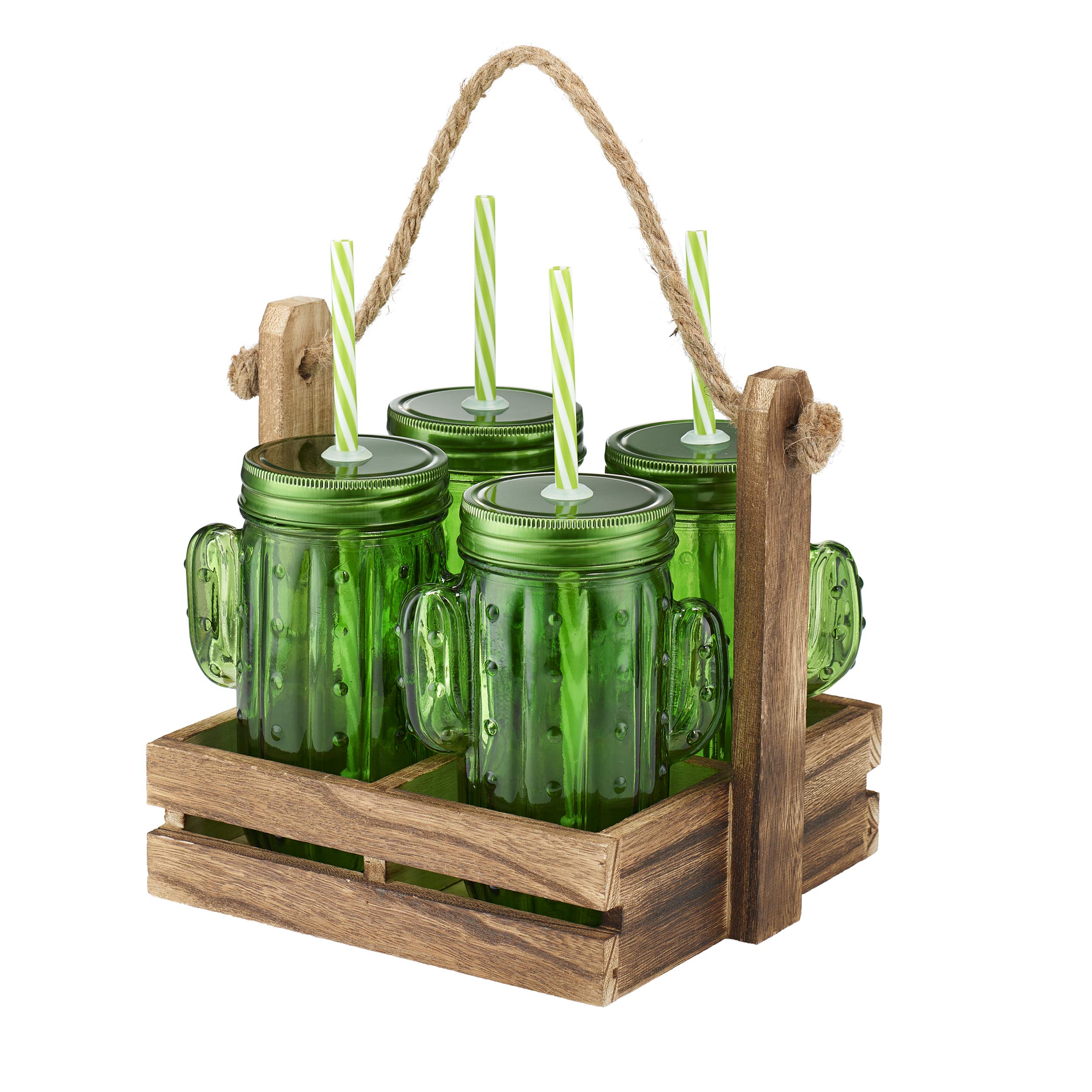 Artland Caddy with with Four 15oz Cactus Sippers and Eco-Friendly Reusable Straws, 15 oz, Green