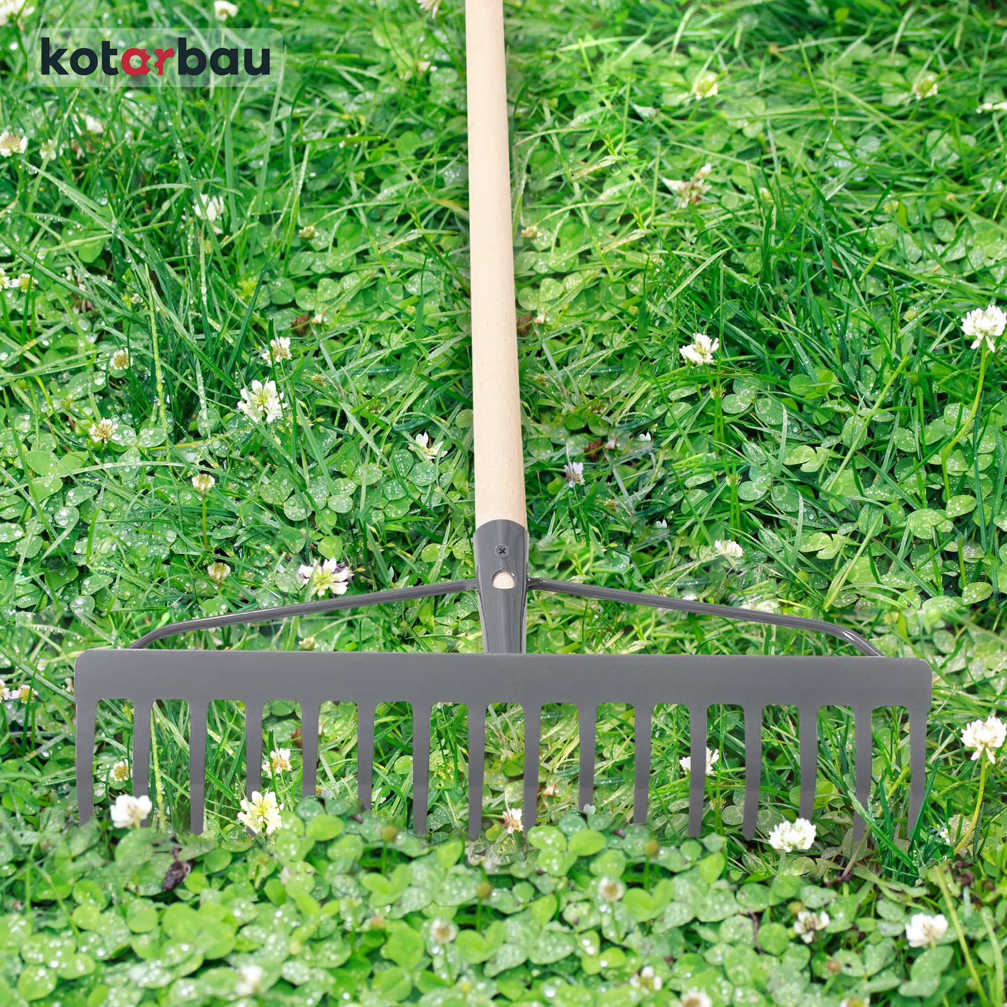 KOTARBAU® Rateau à Feuille - Métal - 46 cm - Râteau Jardin - 18 Dents - avec Manche en Bois - Outil Robuste pour Entretien Gazon Jardinage - Gris & Naturel