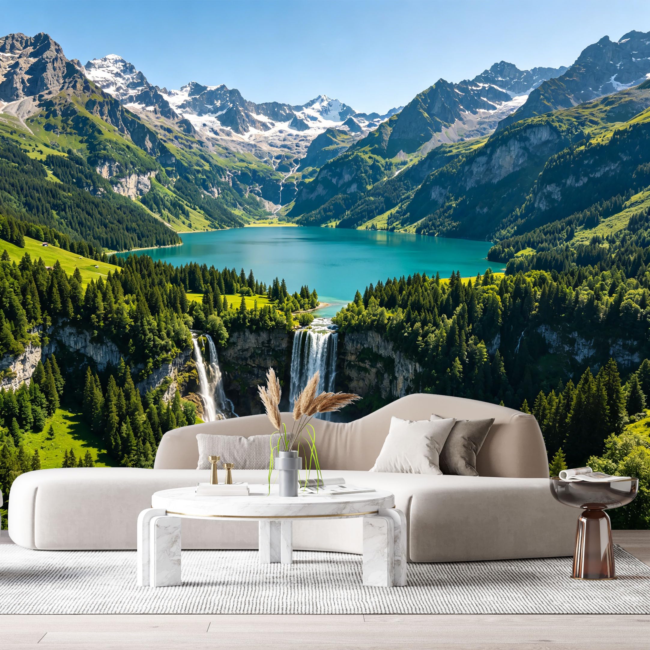 Custom Size Wall Murals Alpine Waterfall Lake Landscape Mountain Forest View SelfAdhesive Wall Fabric Removable Large Wallpaper for Photo Living Room Interior Decor