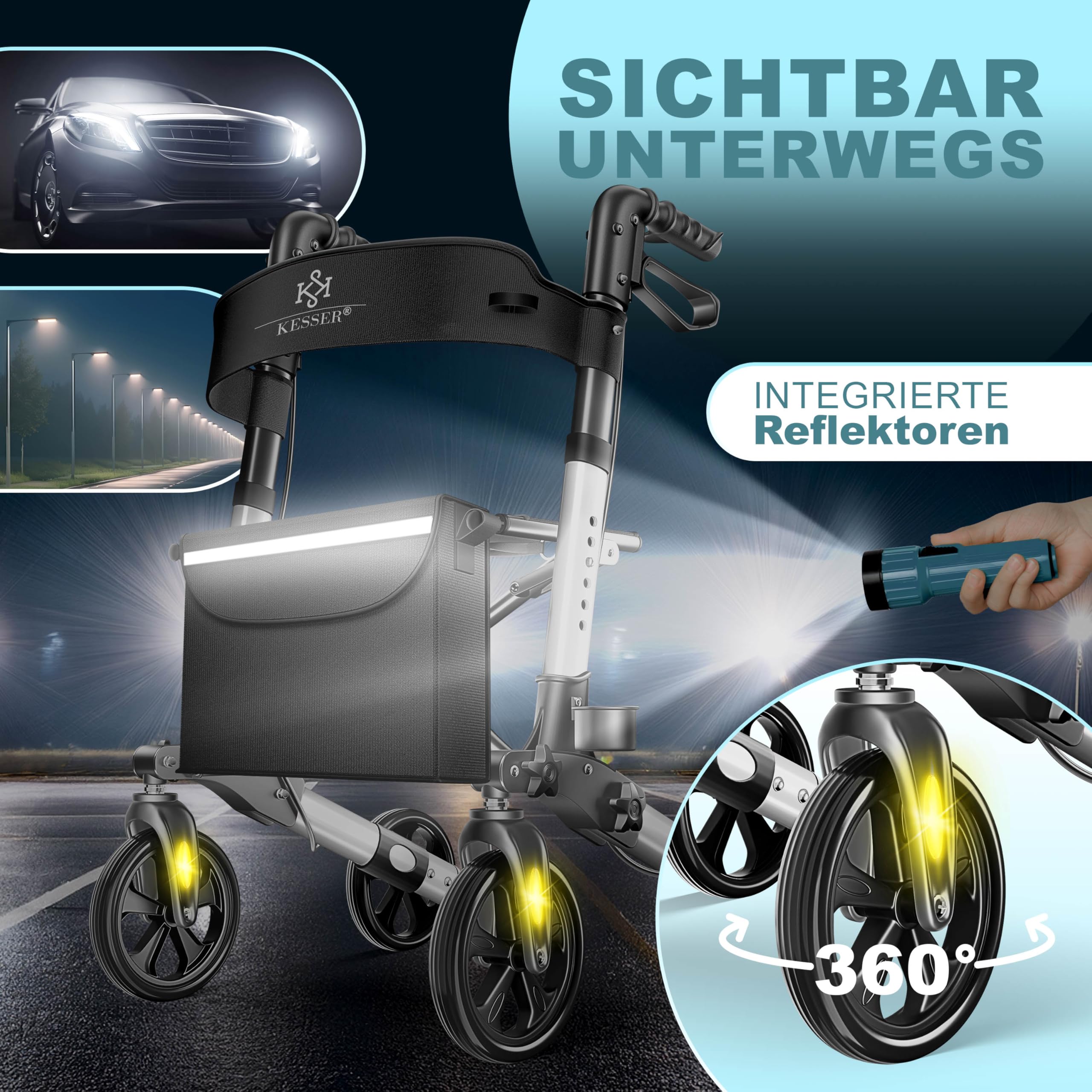 KESSER Leichtgewicht Rollator faltbar mit Sitz, Griff, Tasche, schmal für Senioren Wohnung, Klappbar, Höhenverstellbar, Reflektoren | All Gelände Reifen Indoor-& Outdoor, Gehhilfe, Laufhilfe, Schwarz