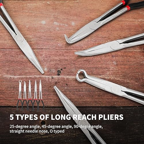 Miniatura 4 de Juego de alicates de punta de aguja de 11 pulgadas, juego de 5 alicates de largo alcance, alicates de punta de aguja recta, 25 grados, 45 grados,