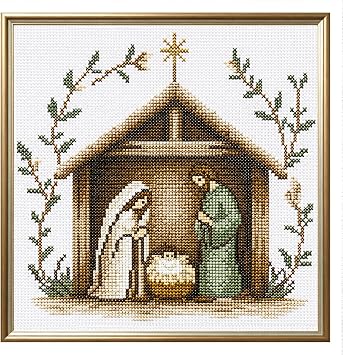 Zhenqing Nativity Scene Cross Stitch Kit for Beginners, 11CT Printed White Cotton Fabric 36x36cm, Full Embroidery with Threads & Instructions70733