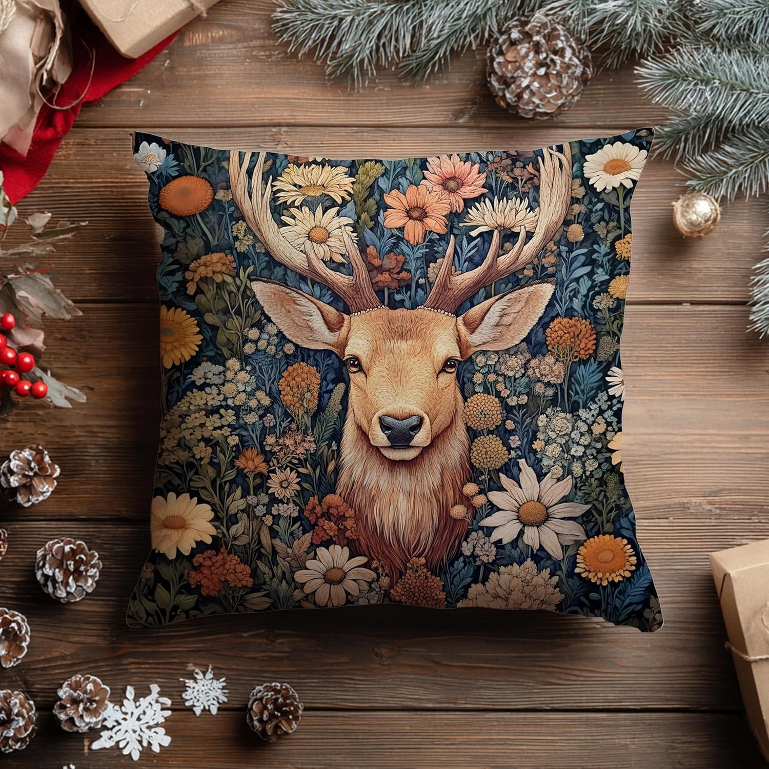 Vintage William Morris Inspired Reindeer Floral Print Pillow Covers 18x18,Rustic Deer Decor，Cottagecore Reindeer Animal Decorative Throw Pillow Covers for Home Bedroom Living Room - Image 6